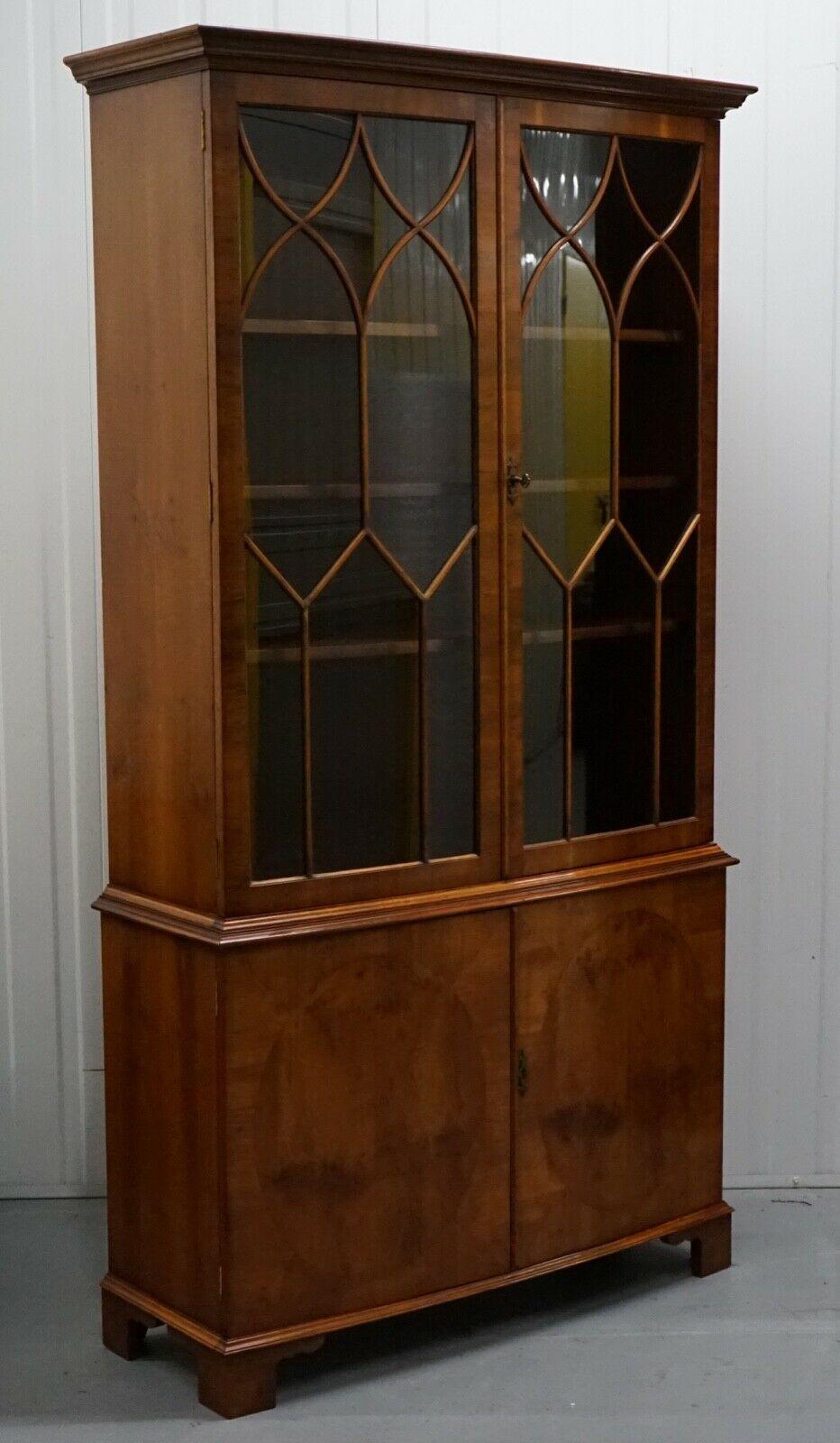 British Beautiful Vintage Burr Yew Wood Display Cabinet with Shelves