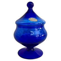 Beautiful Retro Candy Bowl With Lid In Cobalt Blue Glass, Italy, 1970s