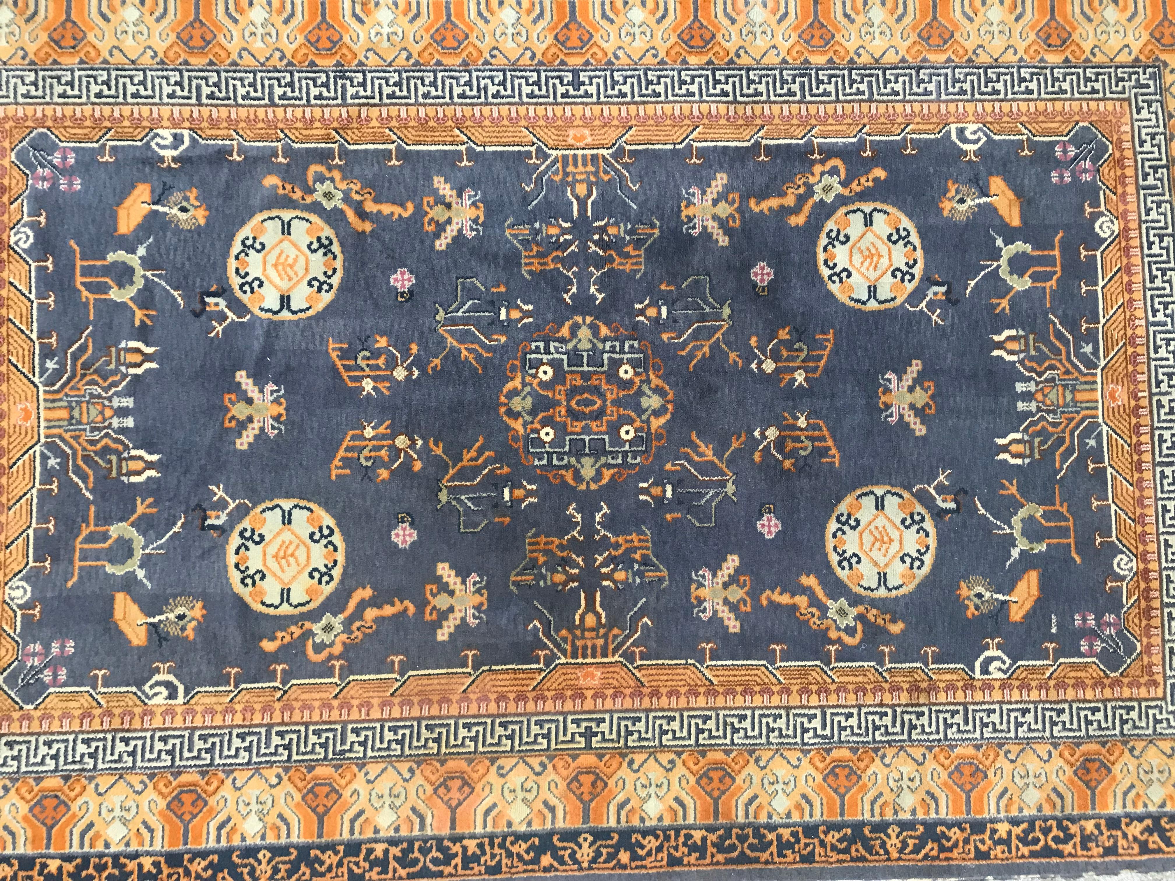 Chinoiserie Bobyrug’s Beautiful Vintage Chinese Design French Knotted Rug For Sale