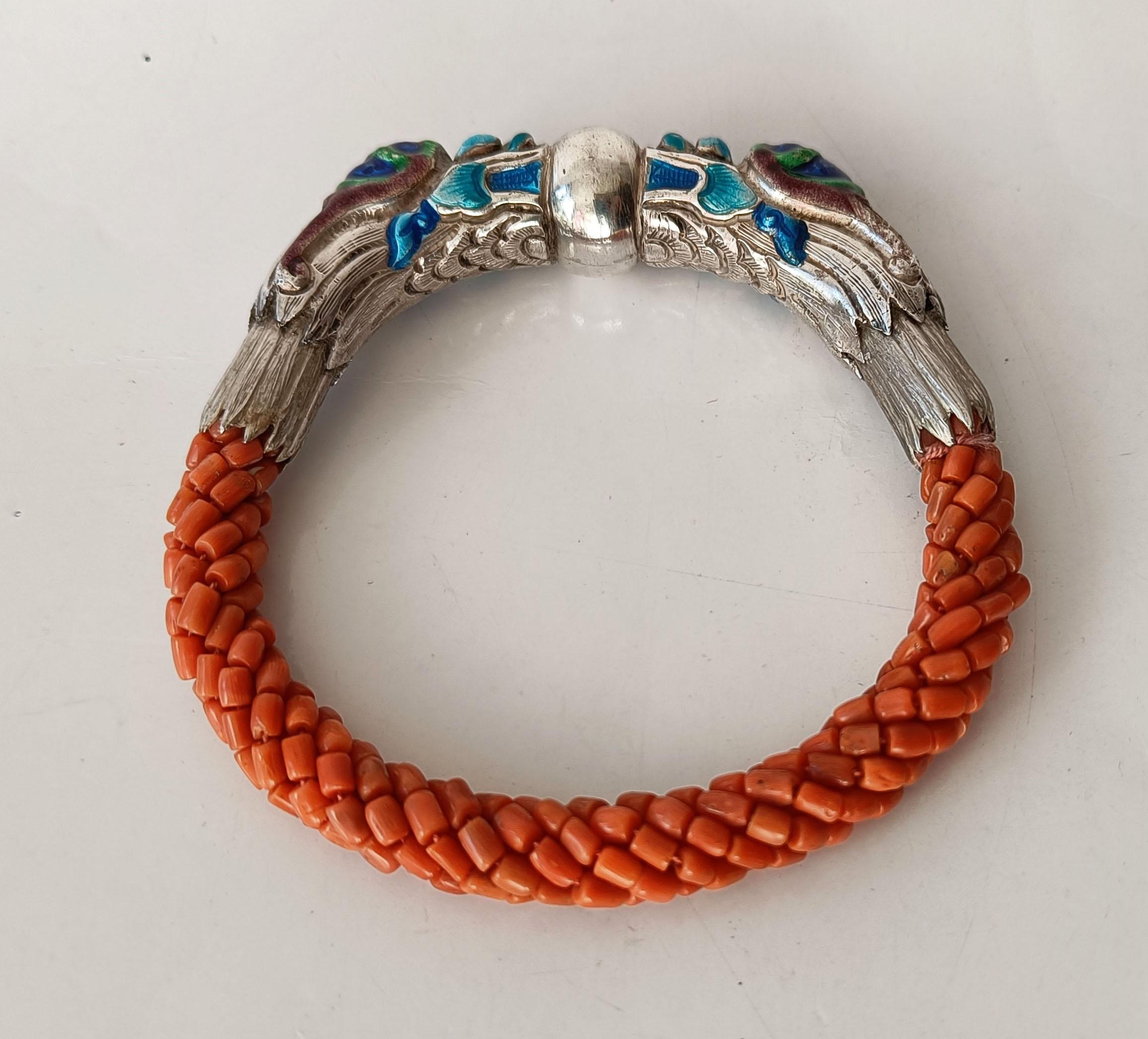 Hammered Beautiful Vintage Chinese Ethnic silver enamel Coral Dragon Bracelet For Sale