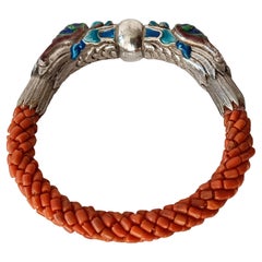 Beautiful Vintage Chinese Ethnic silver enamel Coral Dragon Bracelet
