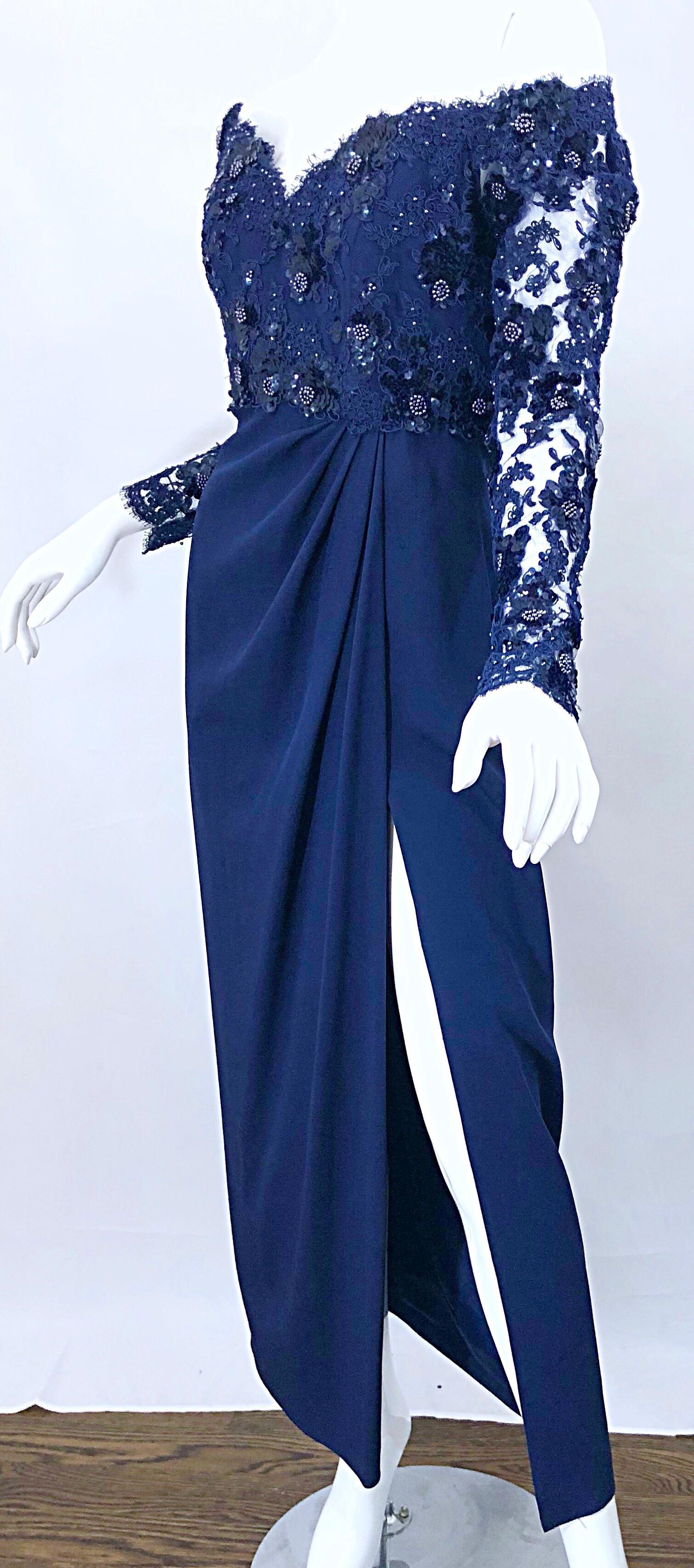 Beautiful Vintage Christian Dior Size 8 / 10 Navy Blue Lace Sequined Gown 6