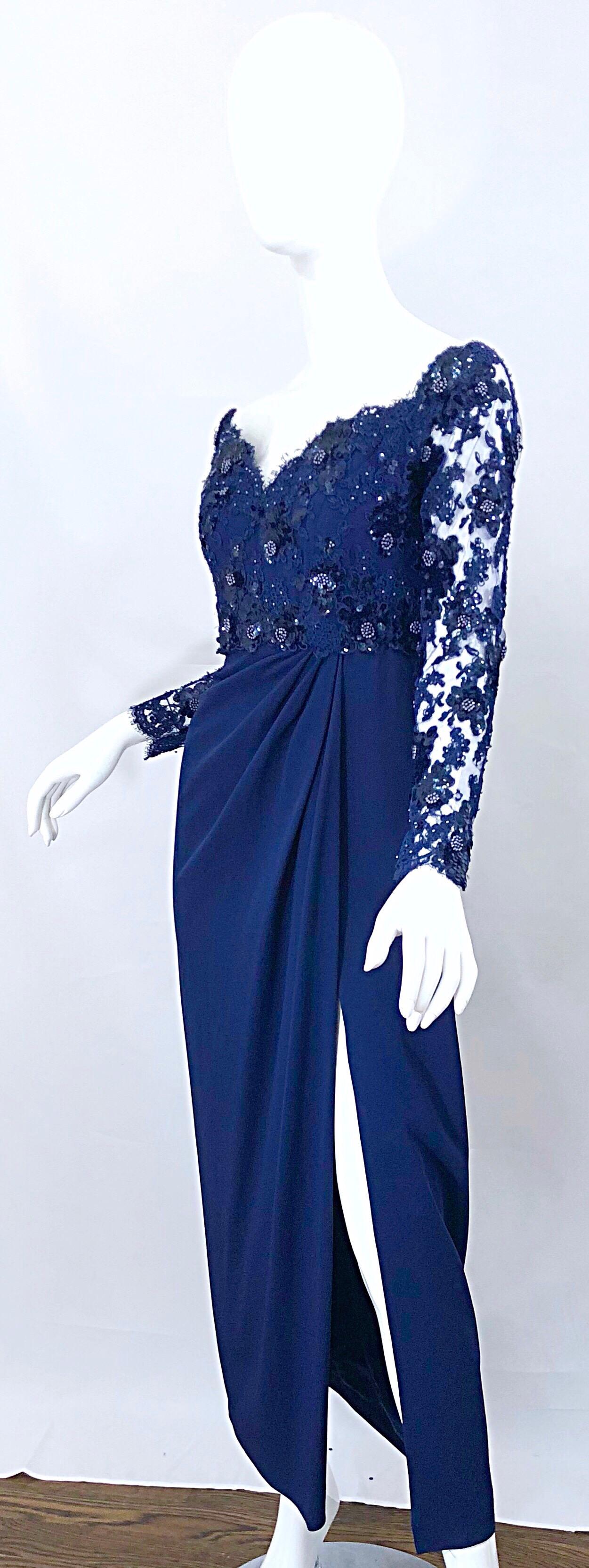 Beautiful Vintage Christian Dior Size 8 / 10 Navy Blue Lace Sequined Gown 7