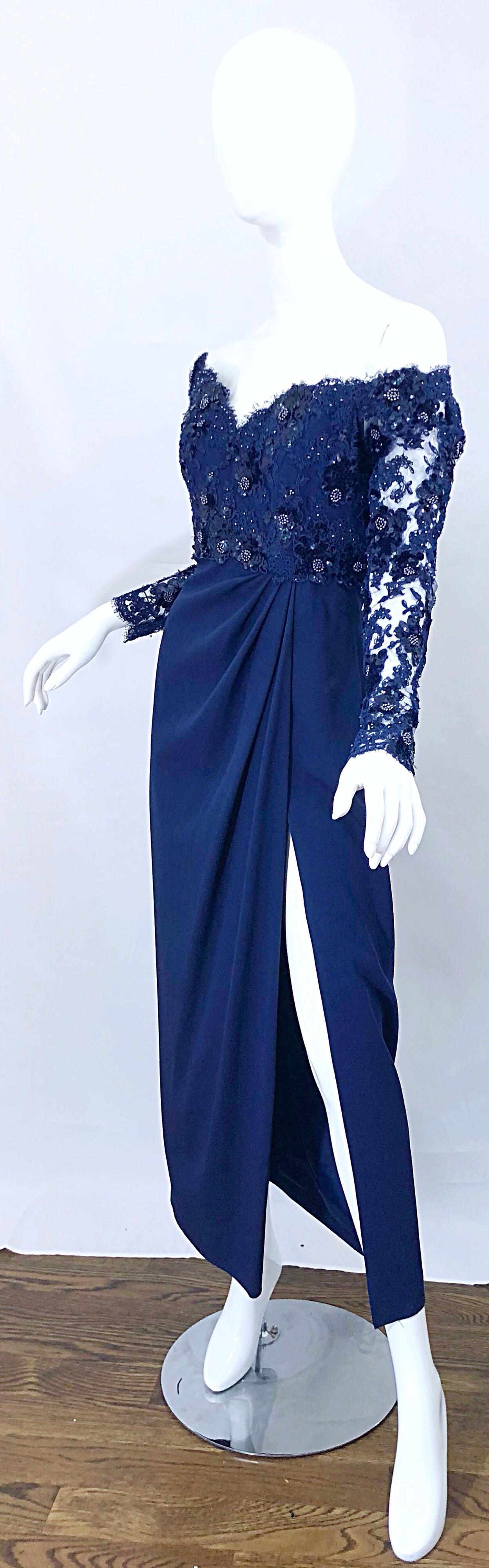 Beautiful Vintage Christian Dior Size 8 / 10 Navy Blue Lace Sequined Gown 9