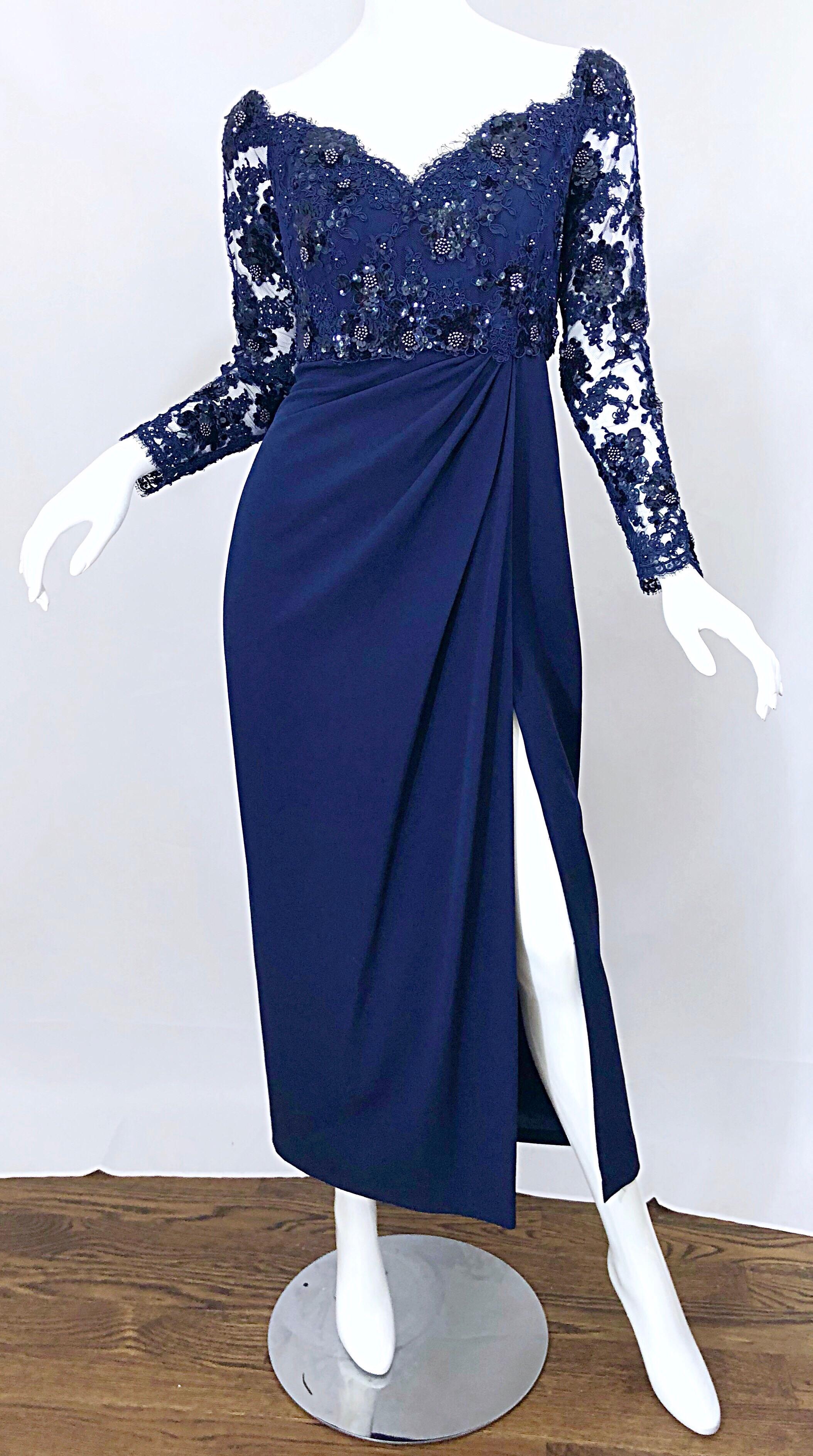 Beautiful Vintage Christian Dior Size 8 / 10 Navy Blue Lace Sequined Gown 10