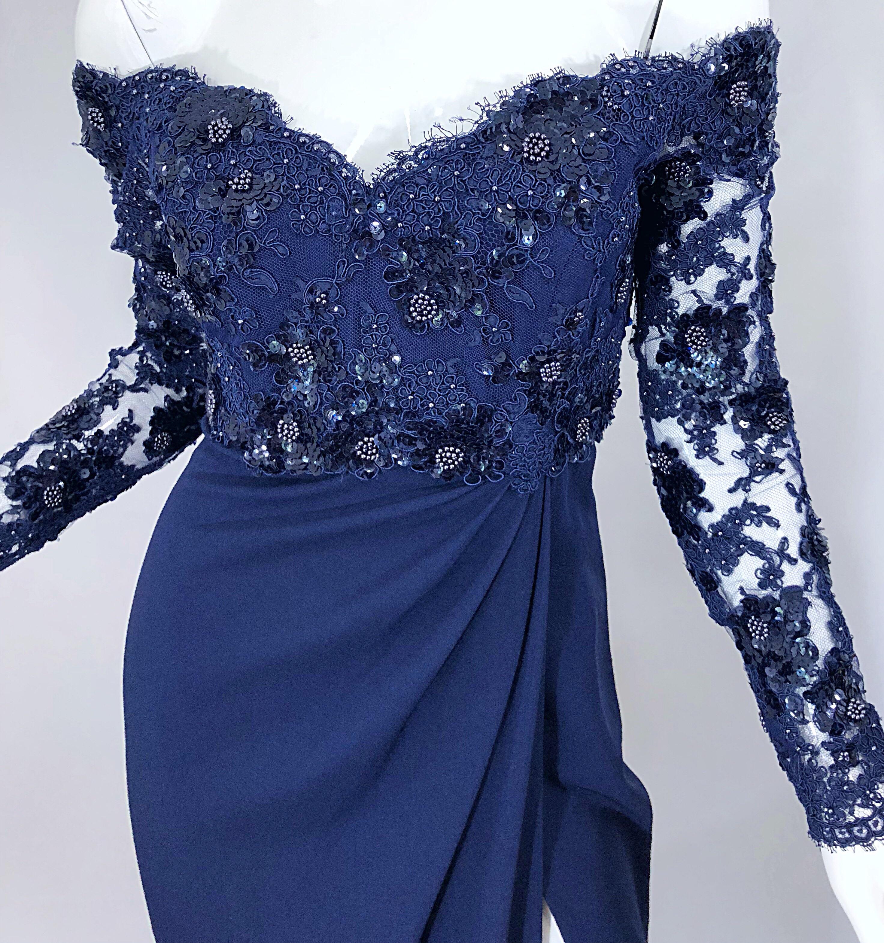Beautiful vintage CHRISTIAN DIOR navy blue lace, sequin and crepe evening dress! This gown is both flattering and versatile in that it can truly be worn on or off the shoulders. Couture quality one would expect from the French power Fashion House.
