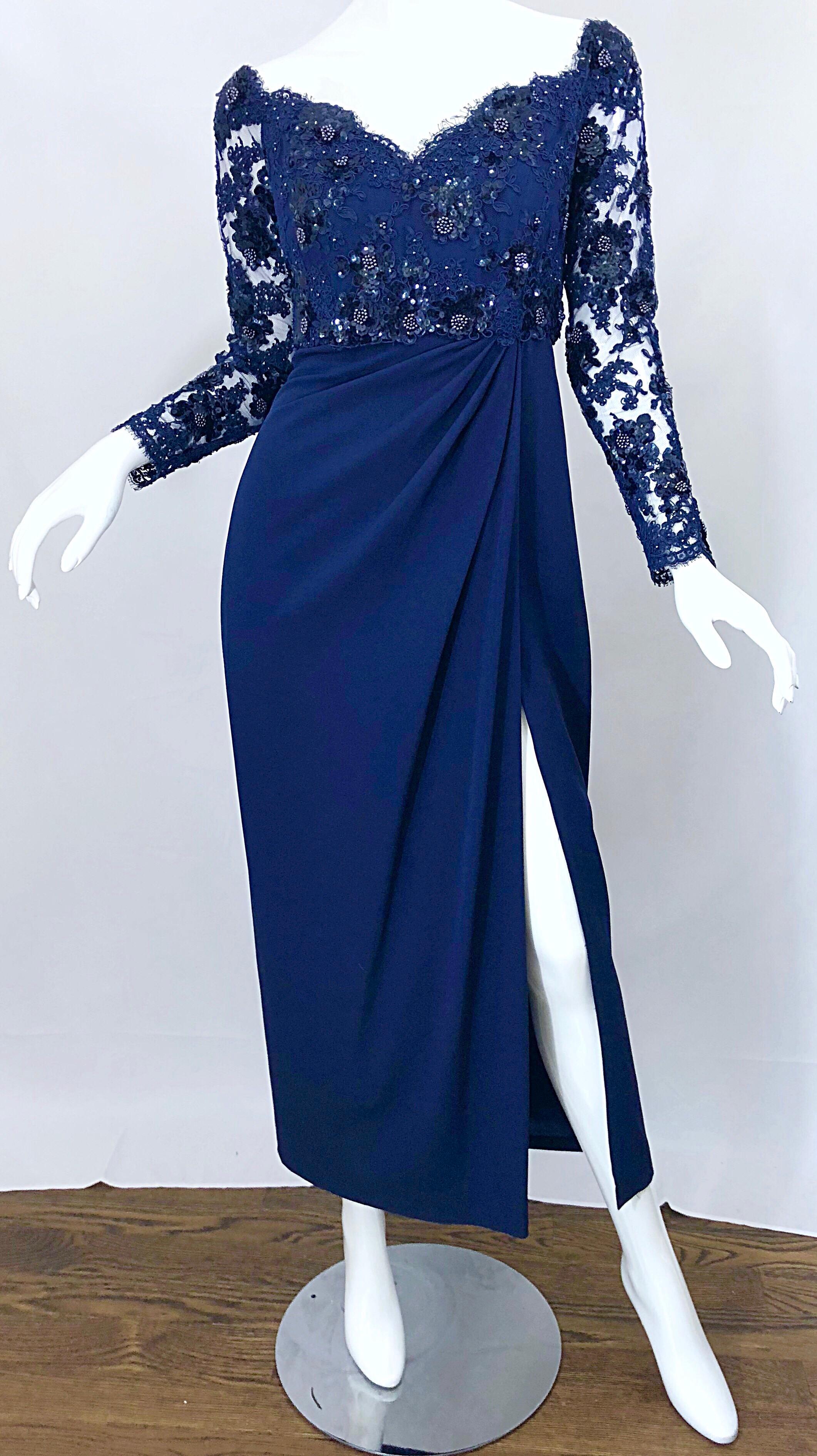 Beautiful Vintage Christian Dior Size 8 / 10 Navy Blue Lace Sequined Gown In Excellent Condition In San Diego, CA