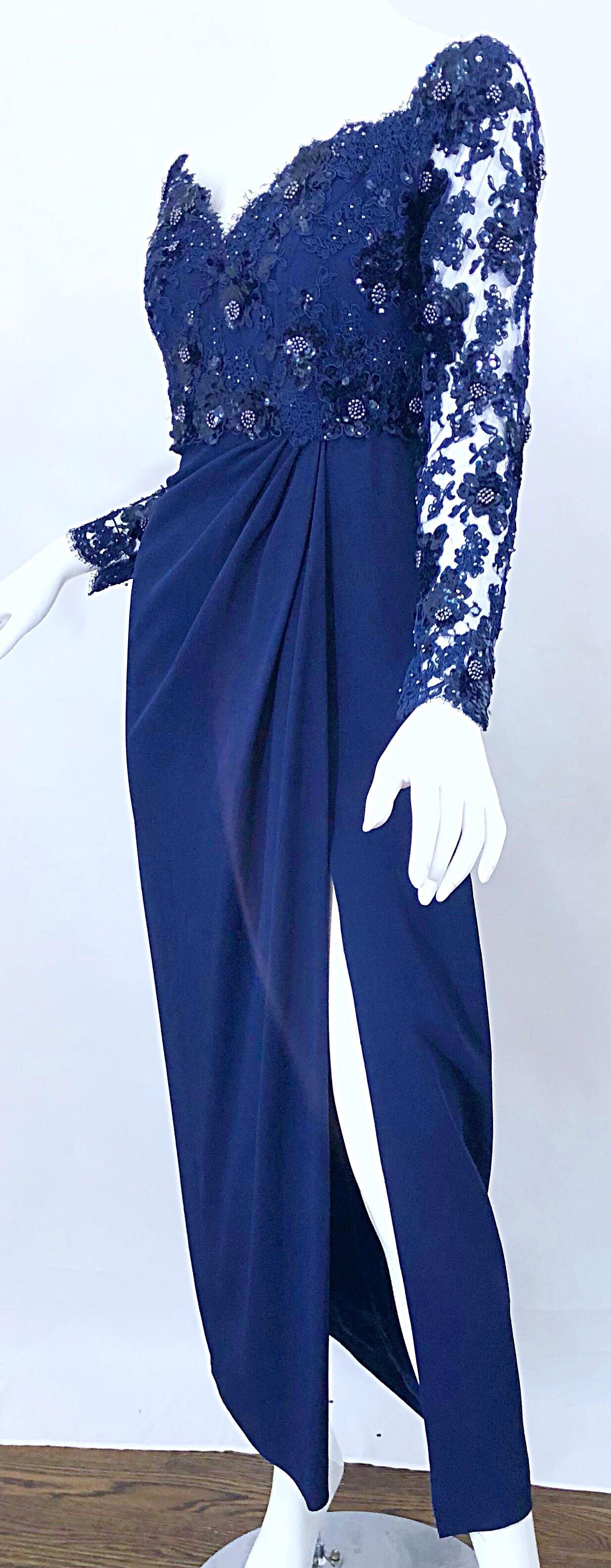 Beautiful Vintage Christian Dior Size 8 / 10 Navy Blue Lace Sequined Gown 1