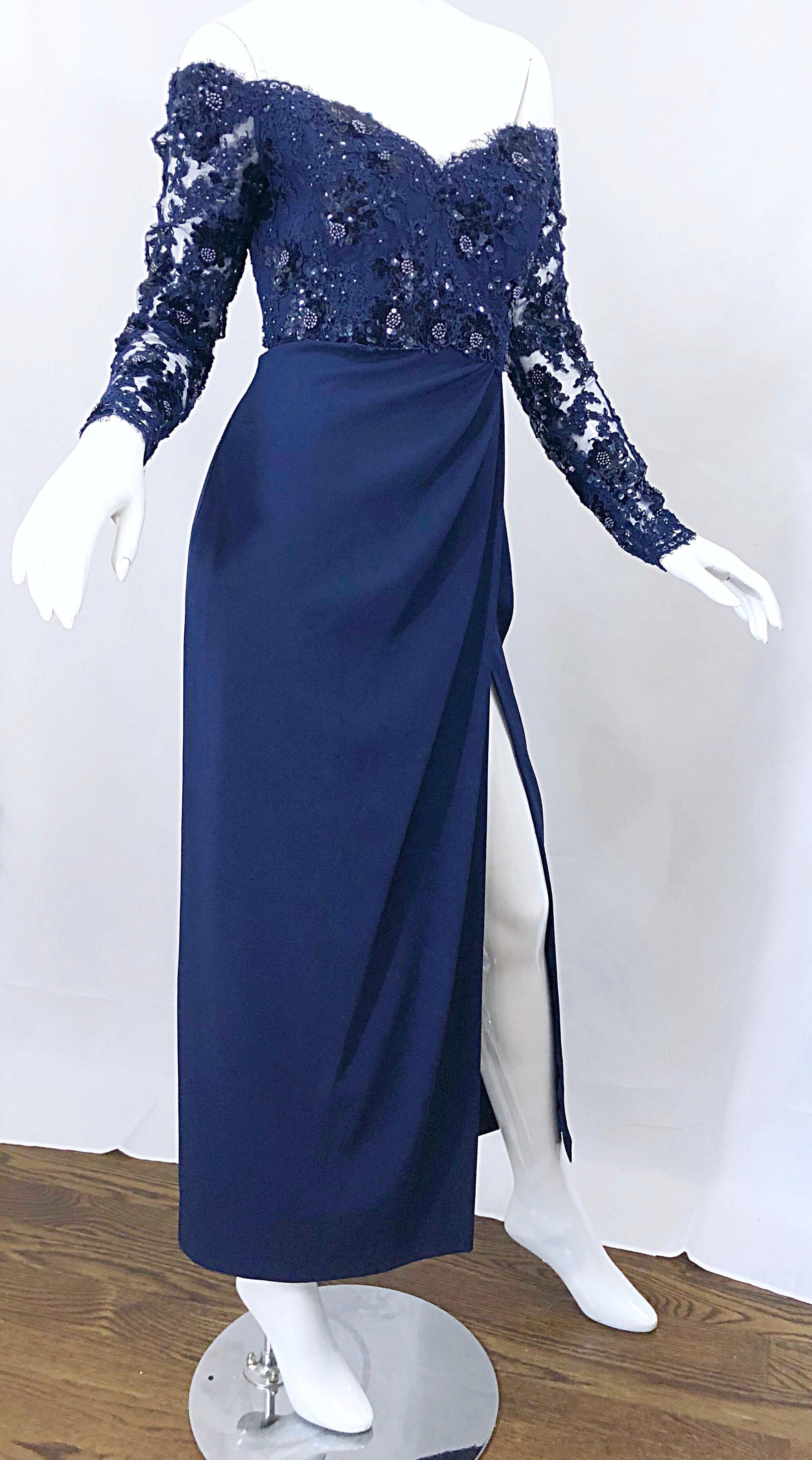 Beautiful Vintage Christian Dior Size 8 / 10 Navy Blue Lace Sequined Gown 3