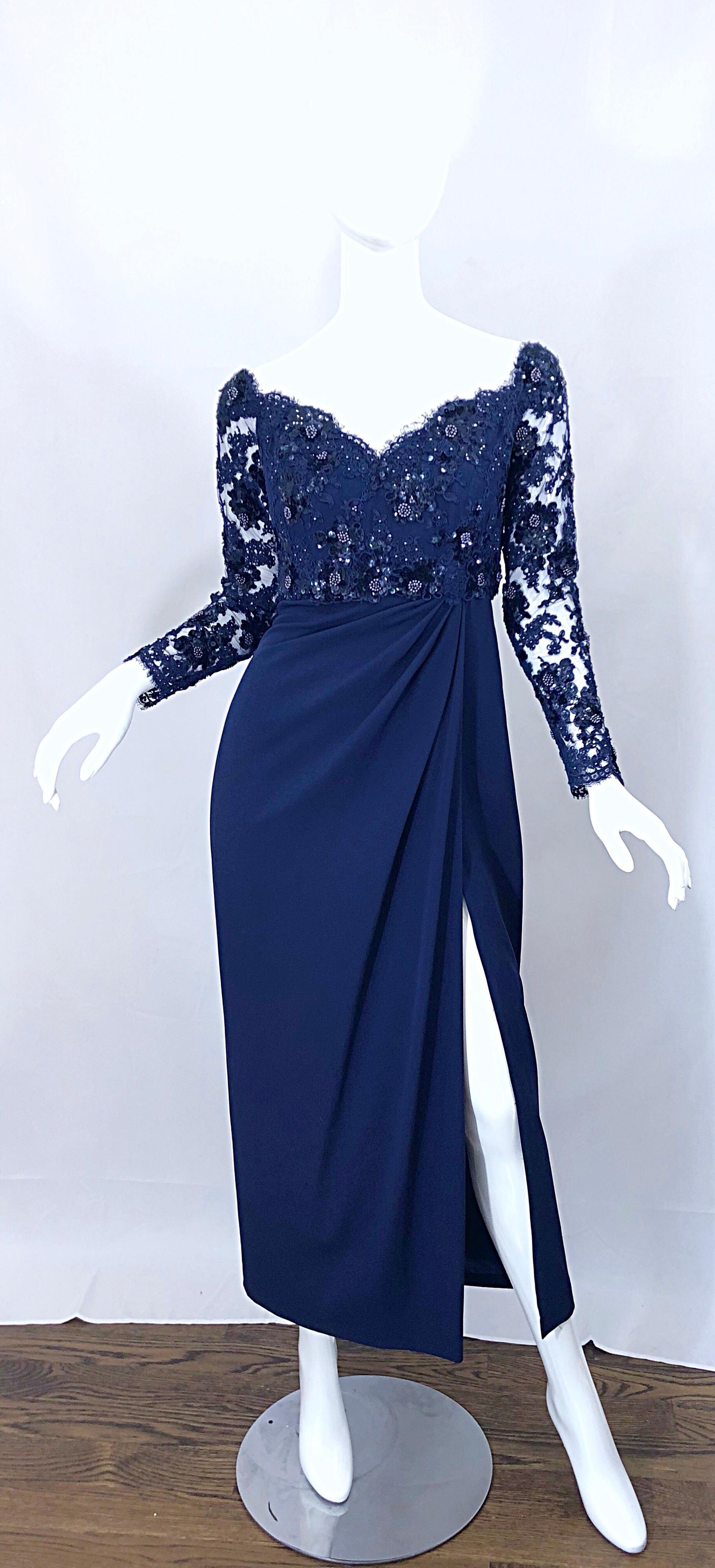 Beautiful Vintage Christian Dior Size 8 / 10 Navy Blue Lace Sequined Gown 4