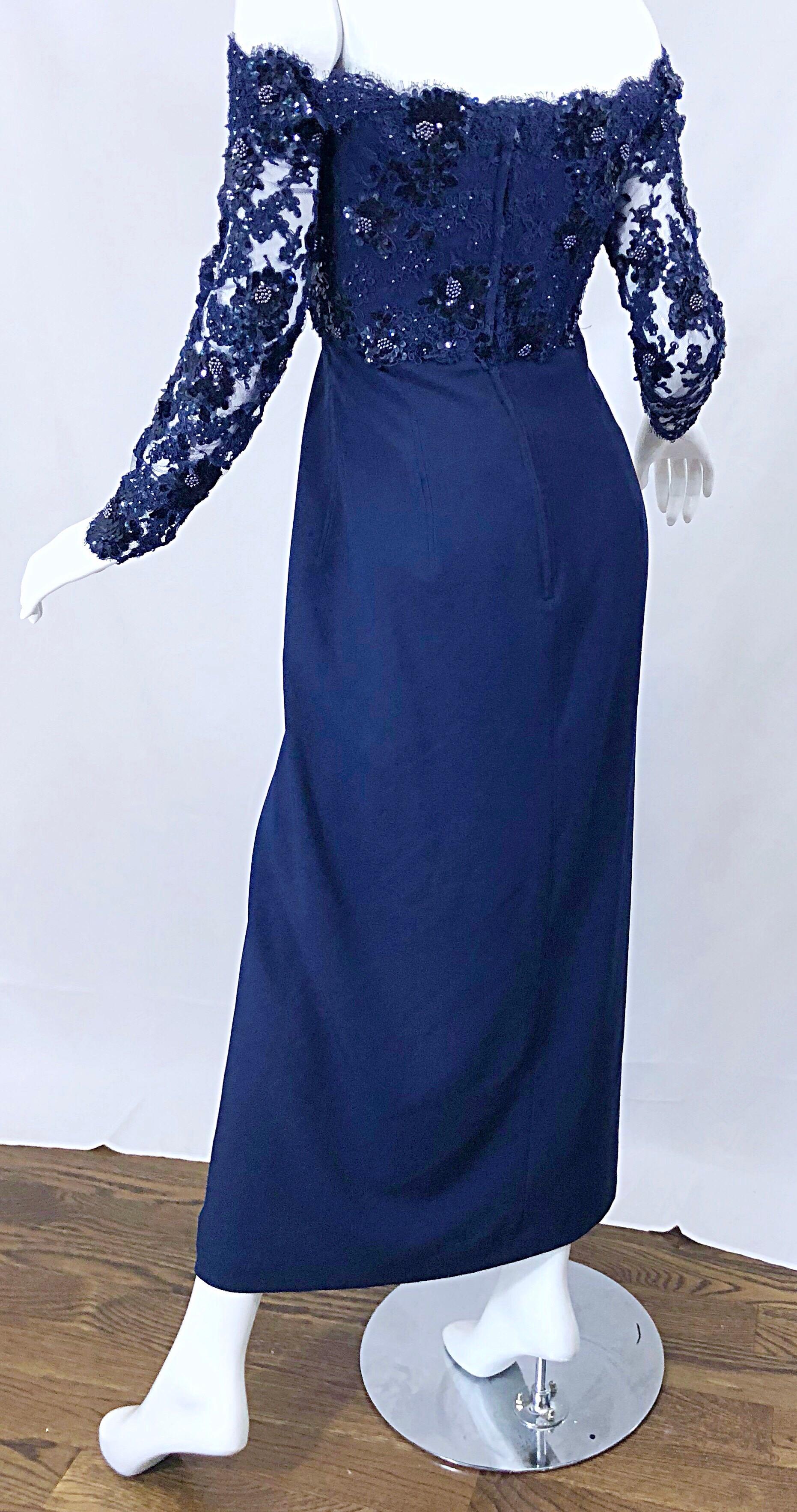 Beautiful Vintage Christian Dior Size 8 / 10 Navy Blue Lace Sequined Gown 5