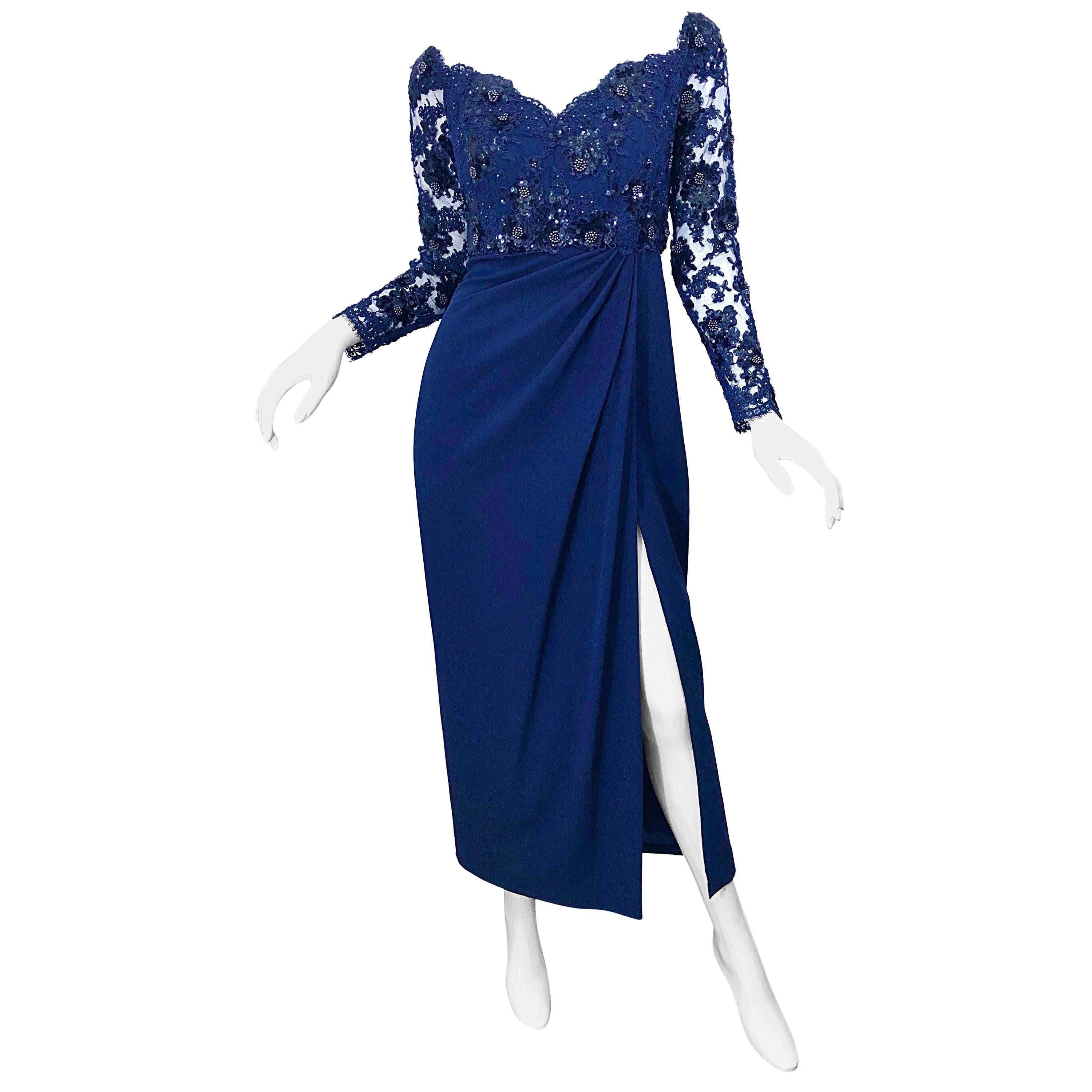 Beautiful Vintage Christian Dior Size 8 / 10 Navy Blue Lace Sequined Gown