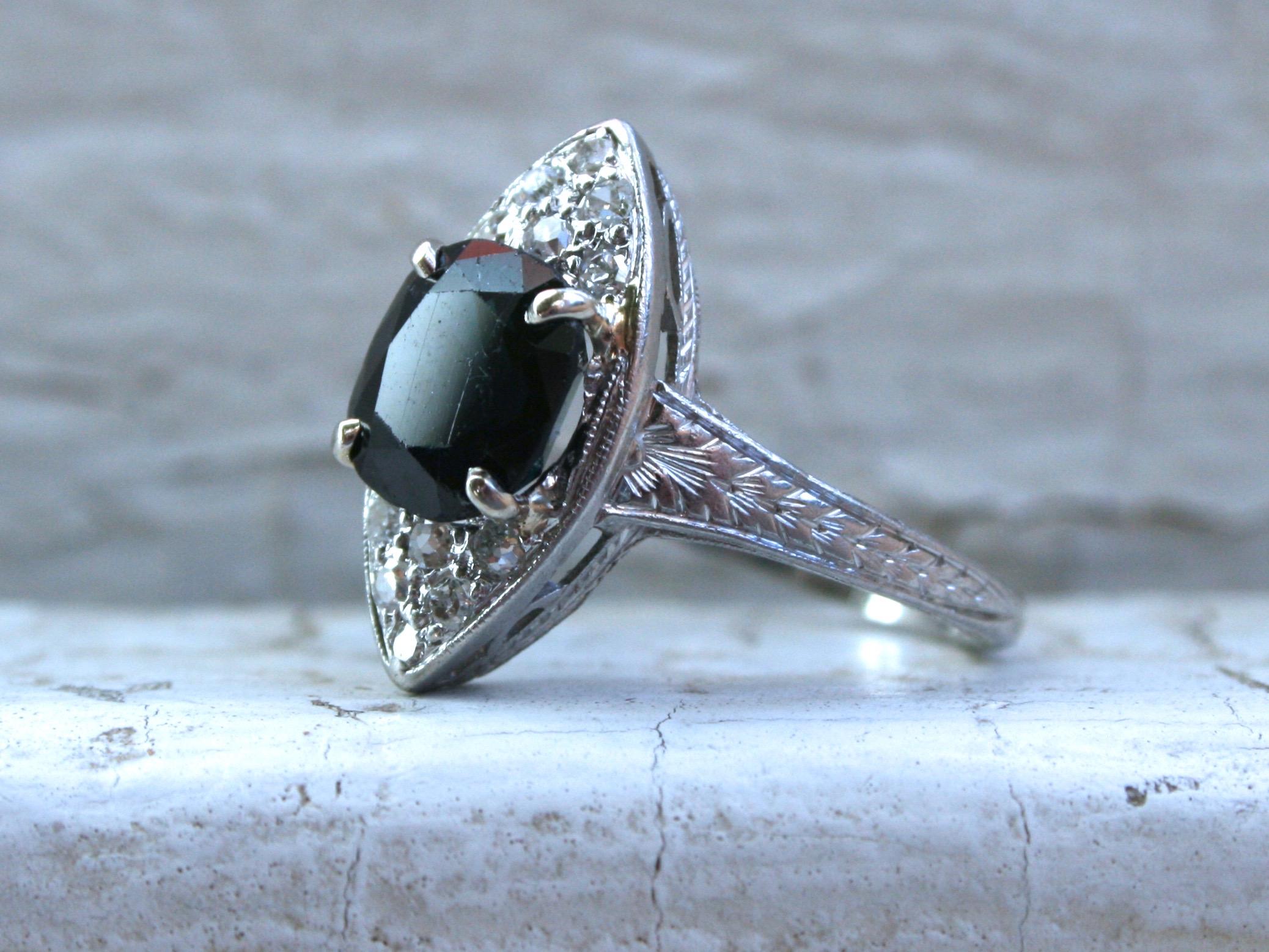 Art Deco Beautiful Vintage Diamond and Sapphire Navette Platinum Ring. For Sale