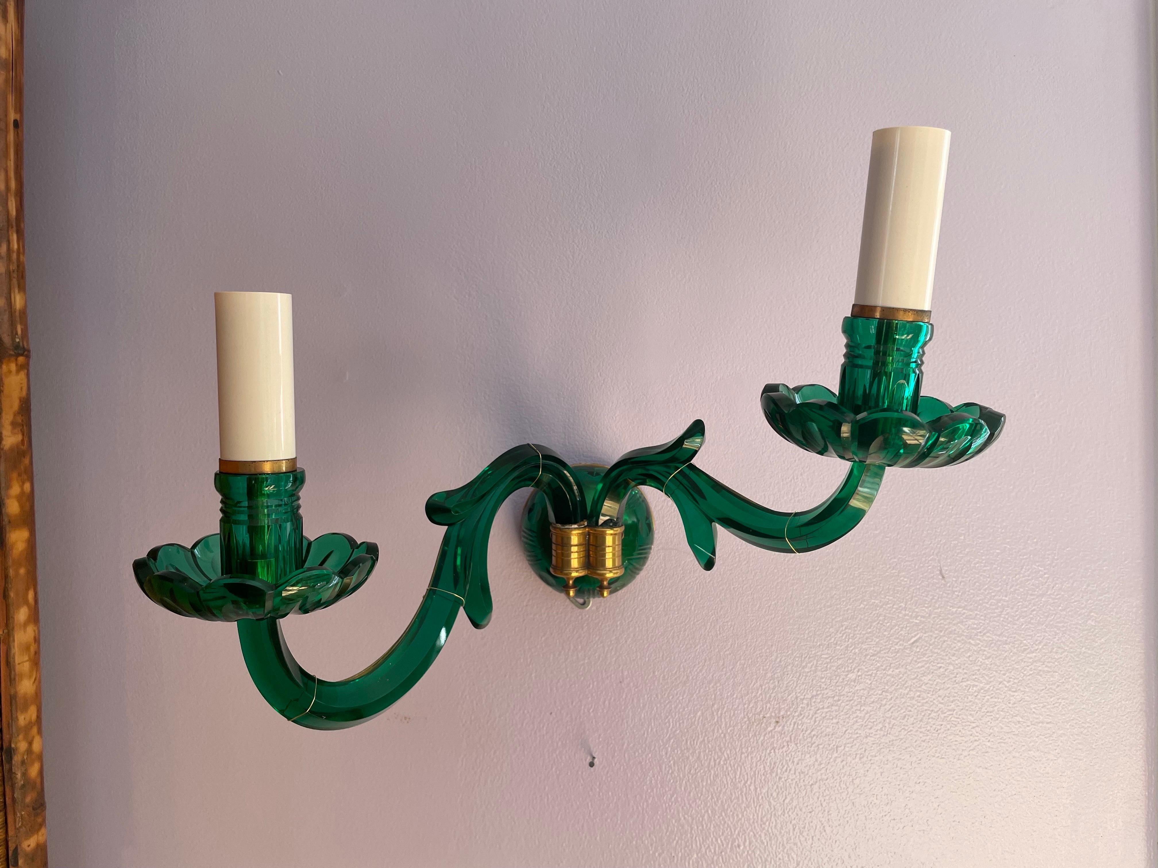 This is a rare find ! These art glass sconces are stunning and probably from the 30-40s 
They have been newly rewired