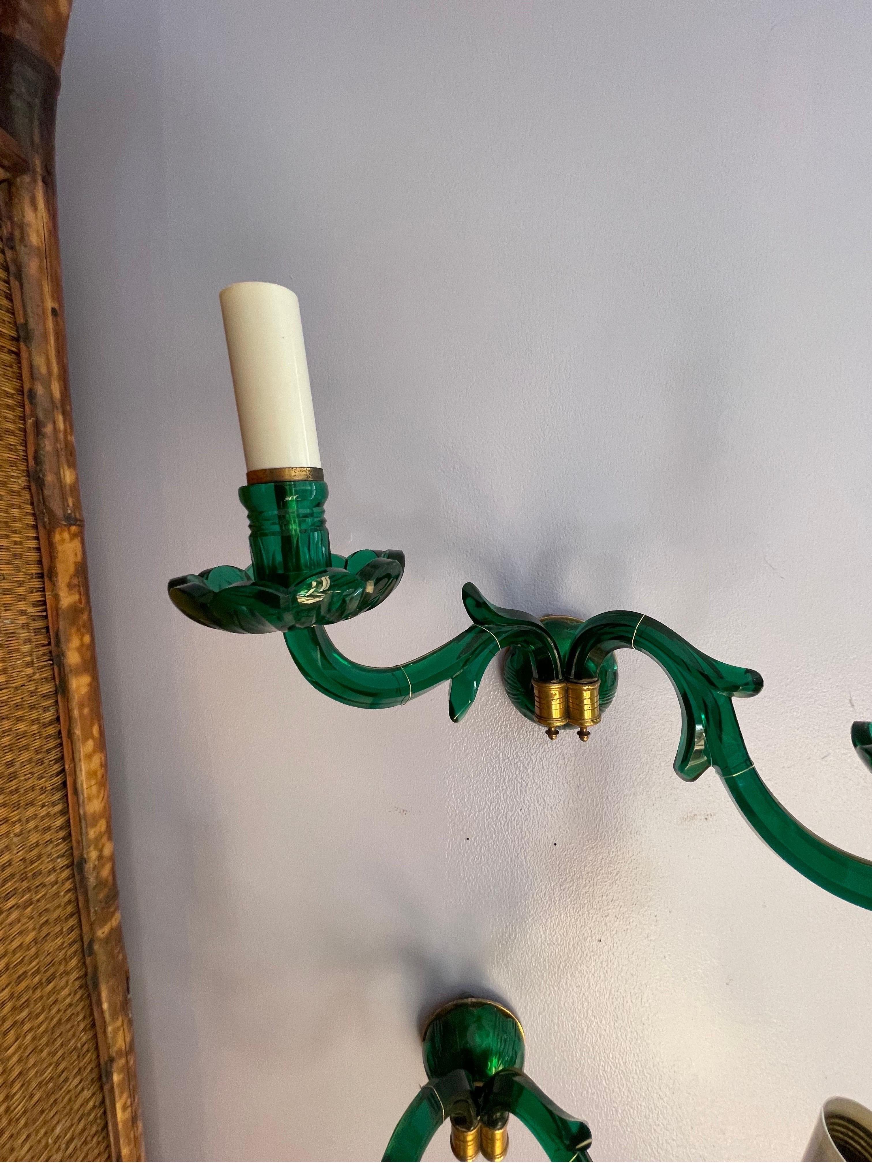 Beautiful vintage emerald green art glass French wired sconces  In Good Condition In Chicago, IL