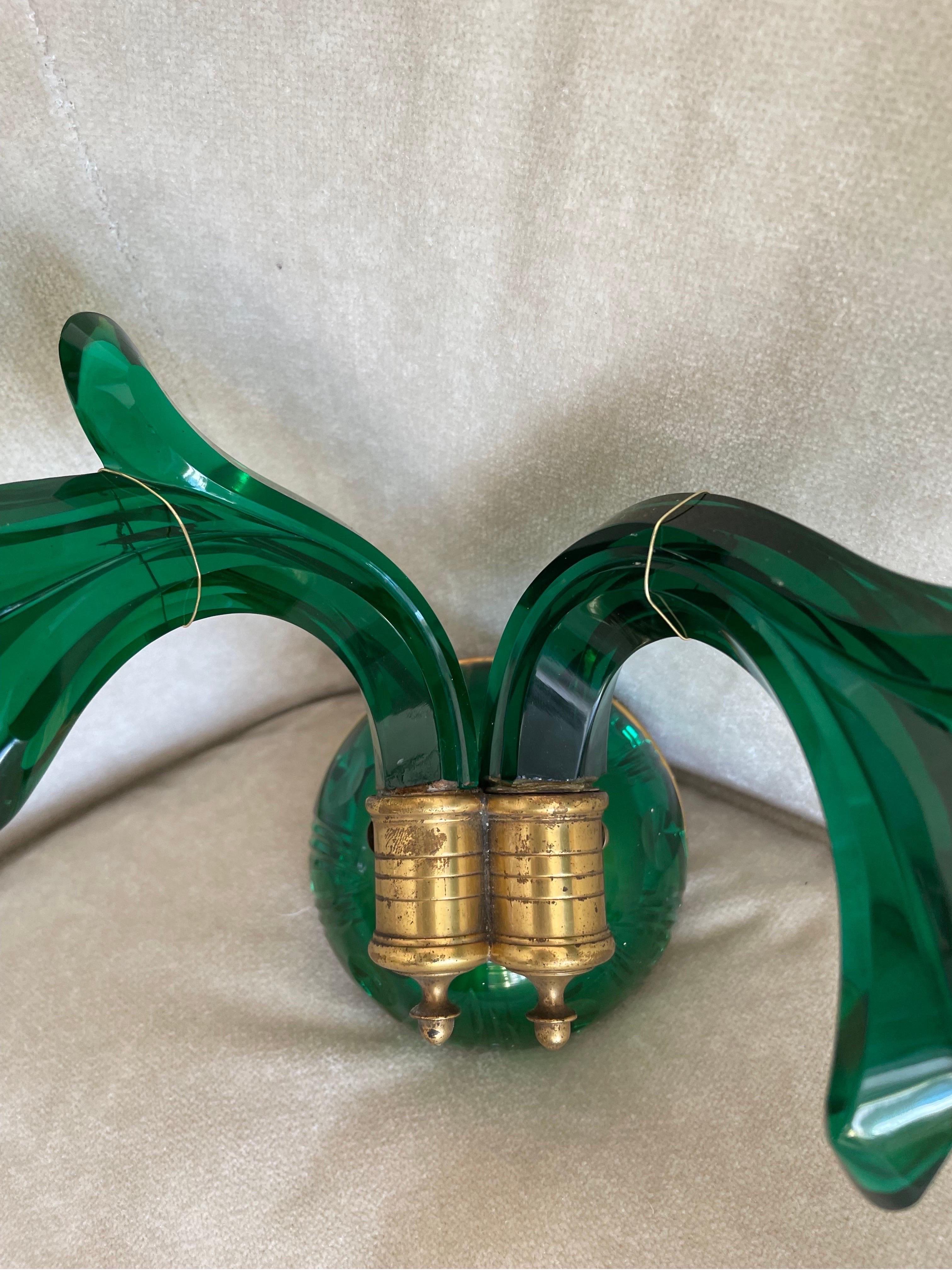 Beautiful vintage emerald green art glass French wired sconces  2