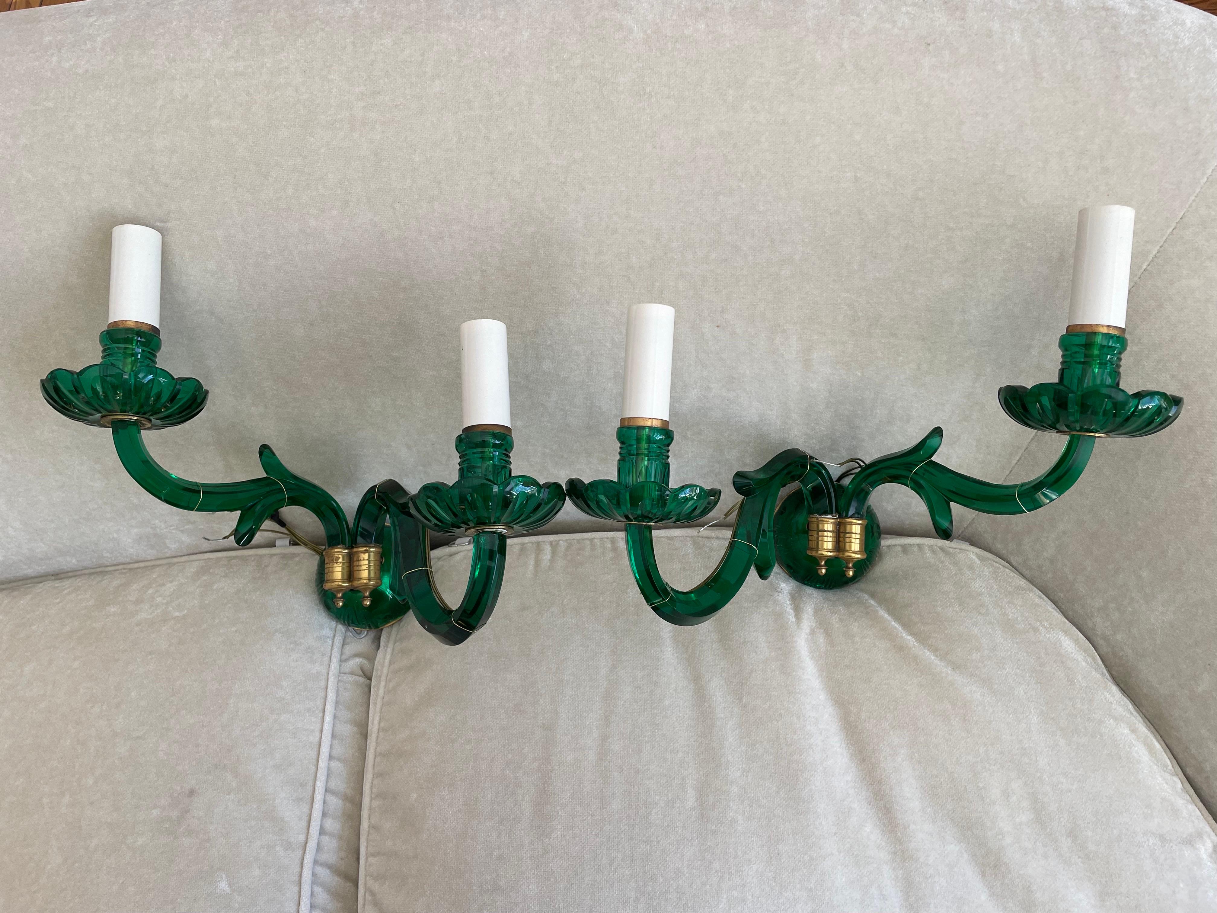Beautiful vintage emerald green art glass French wired sconces  3