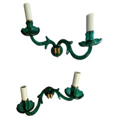 Beautiful vintage emerald green art glass French wired sconces