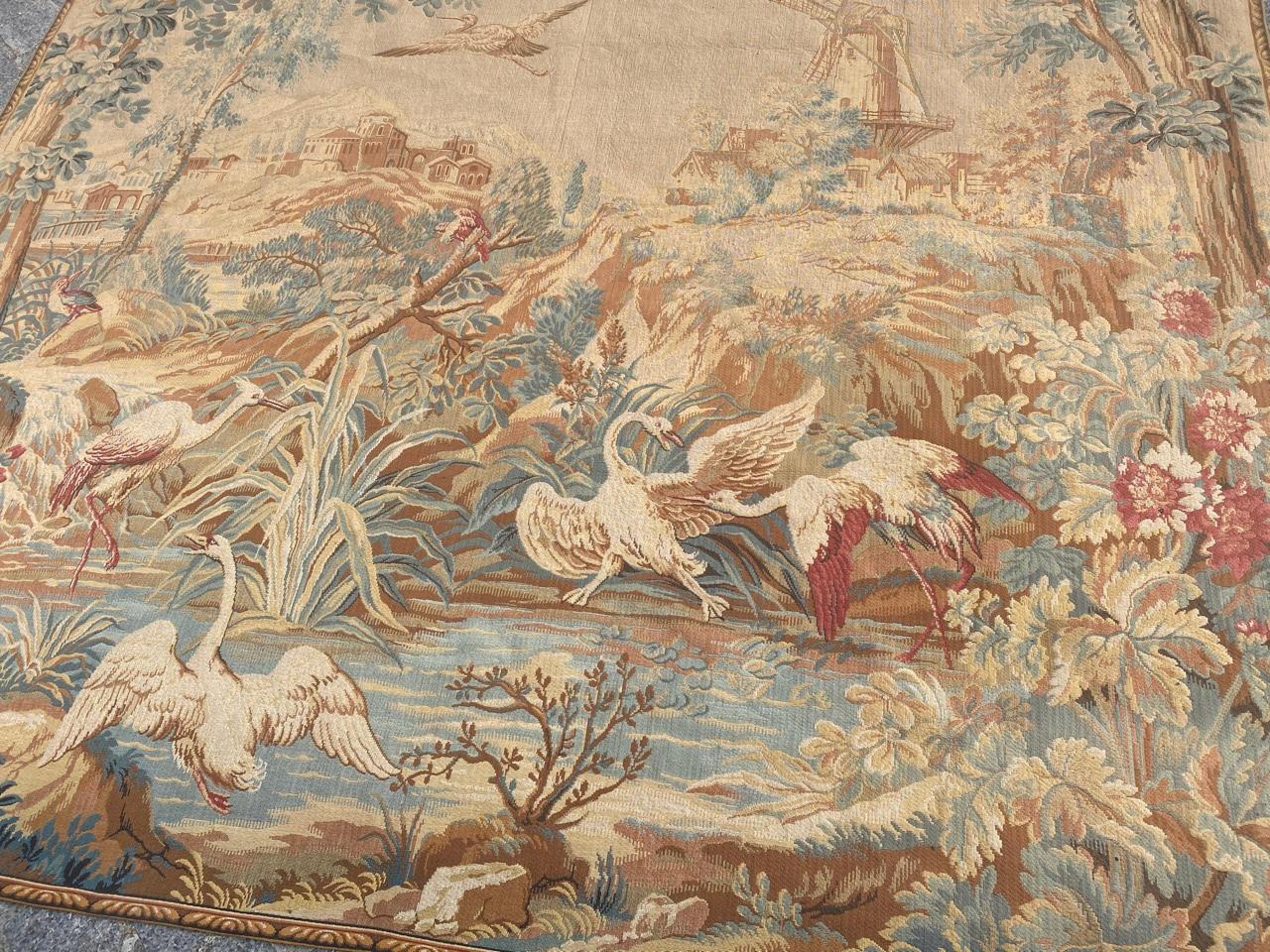 Nice Mid century French tapestry with beautiful design of birds and nature in town, and nice colors, mechanical jaquar manufacturing with cotton and wool.