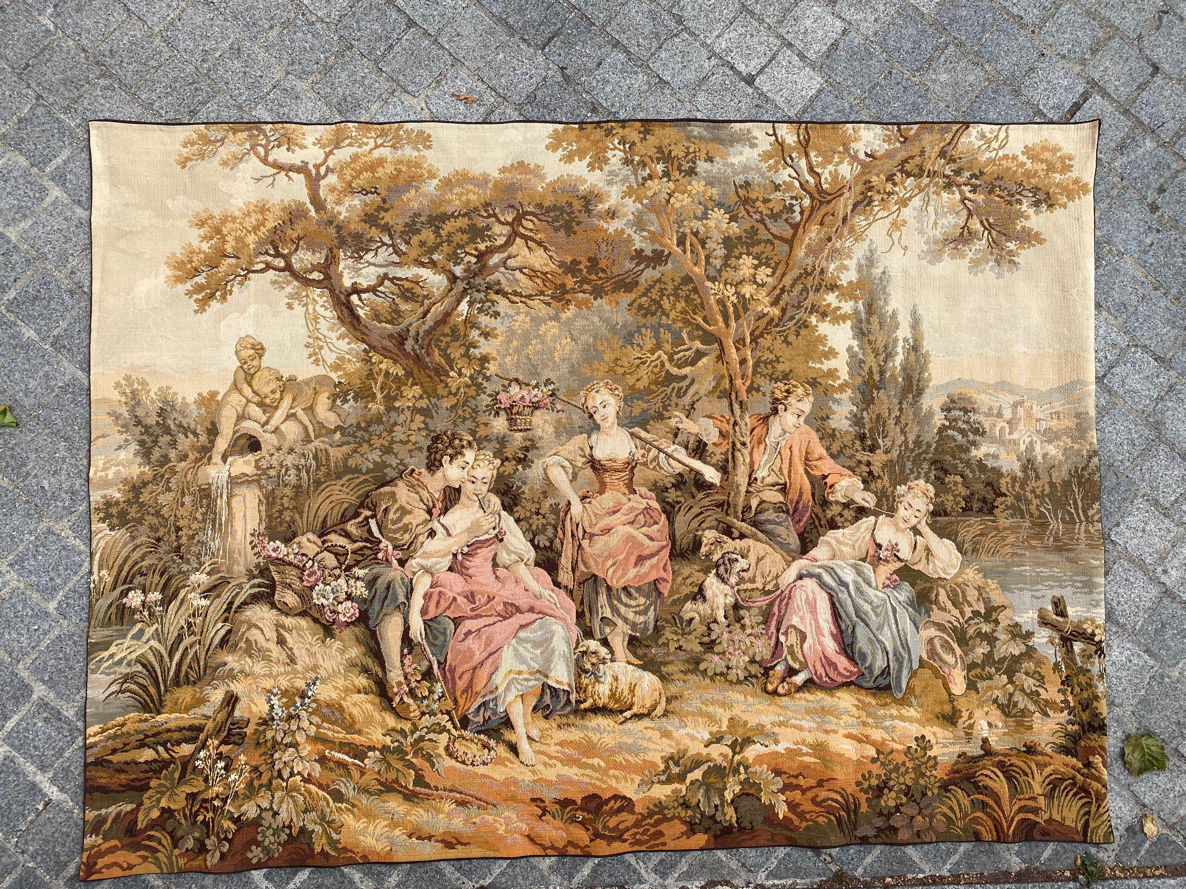 Bobyrug’s Vintage French Aubusson Style Jaquar Tapestry « pastoral loves » In Good Condition For Sale In Saint Ouen, FR