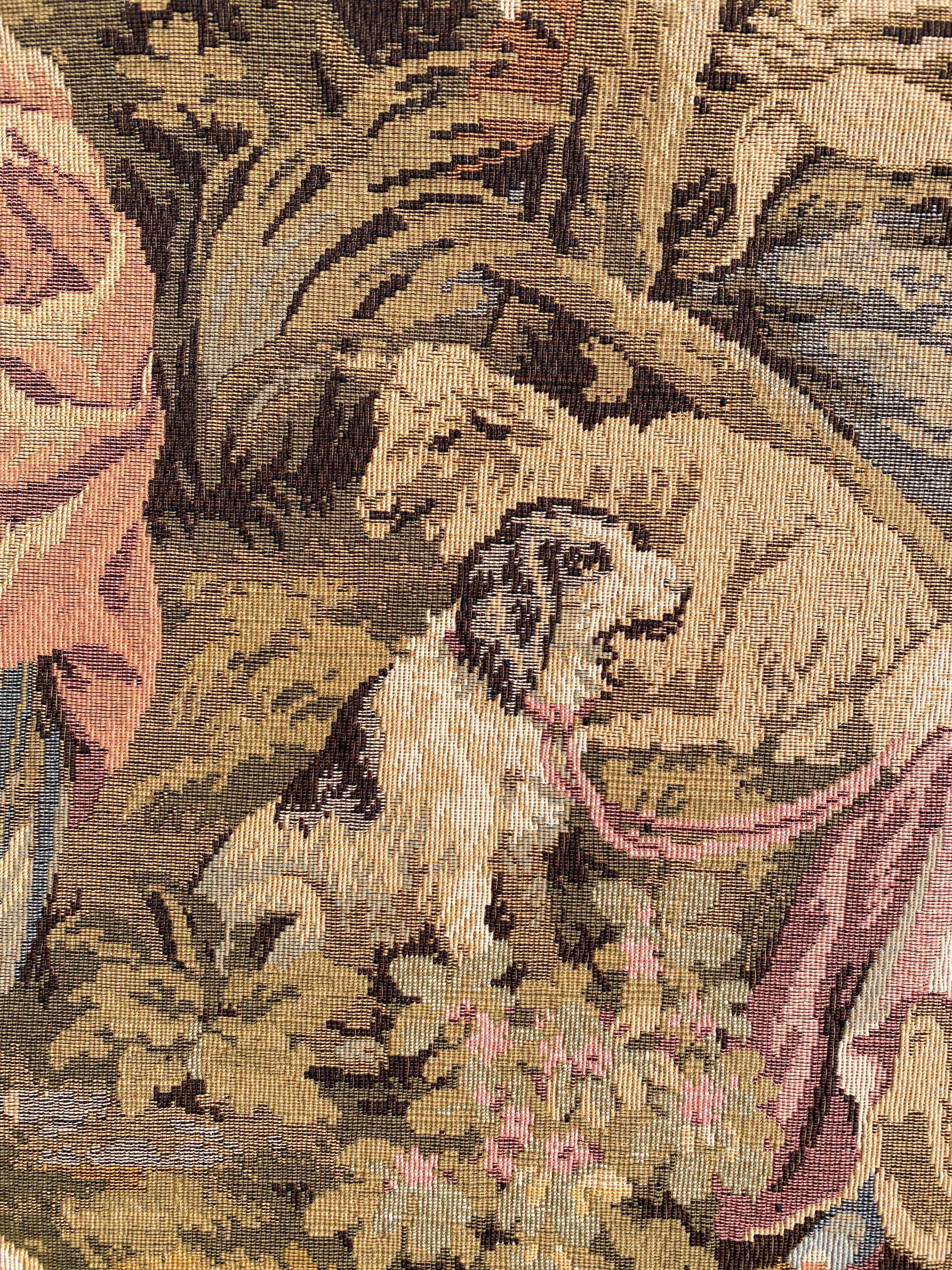 20th Century Bobyrug’s Vintage French Aubusson Style Jaquar Tapestry « pastoral loves » For Sale