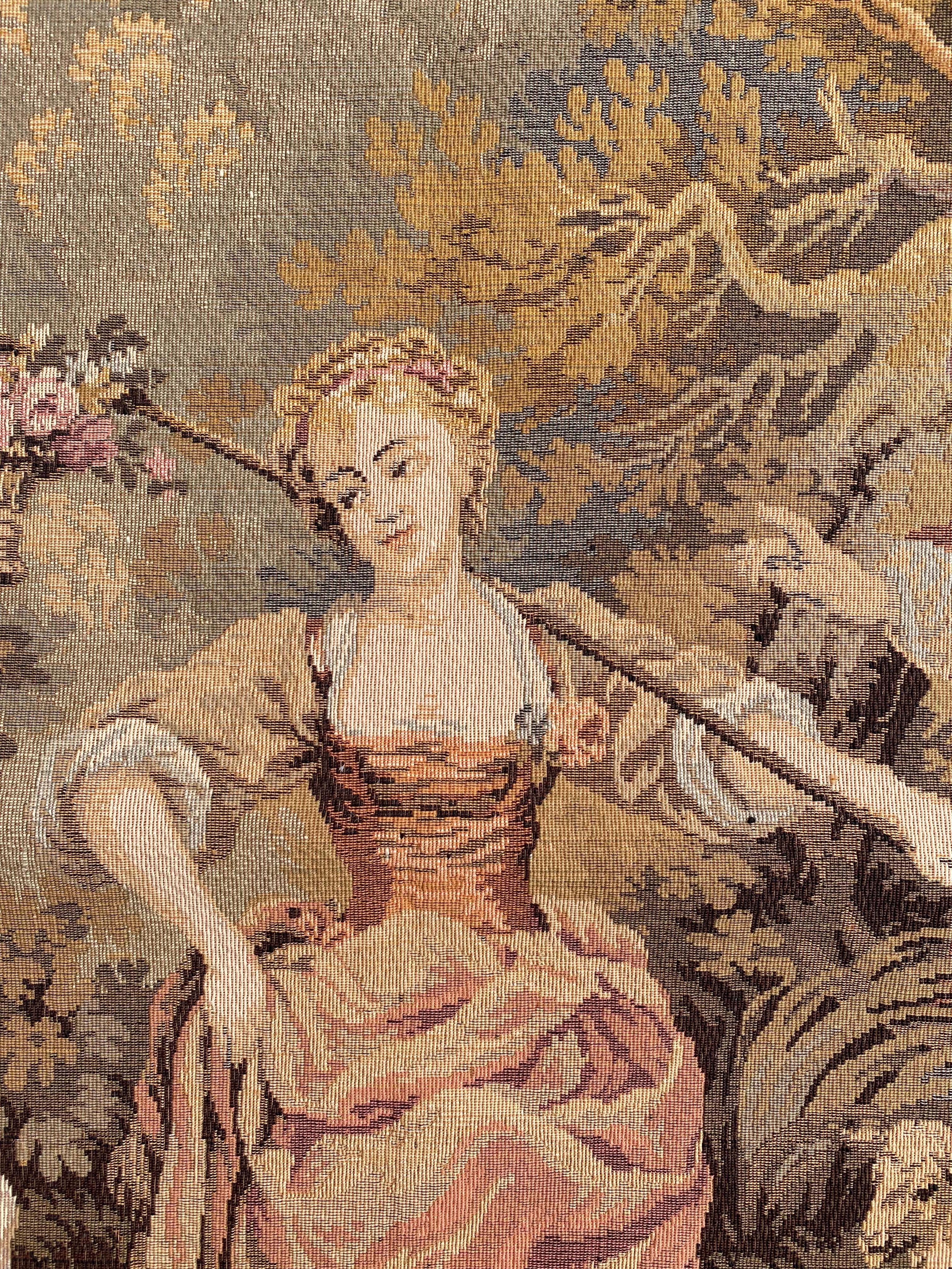 Wool Bobyrug’s Vintage French Aubusson Style Jaquar Tapestry « pastoral loves » For Sale