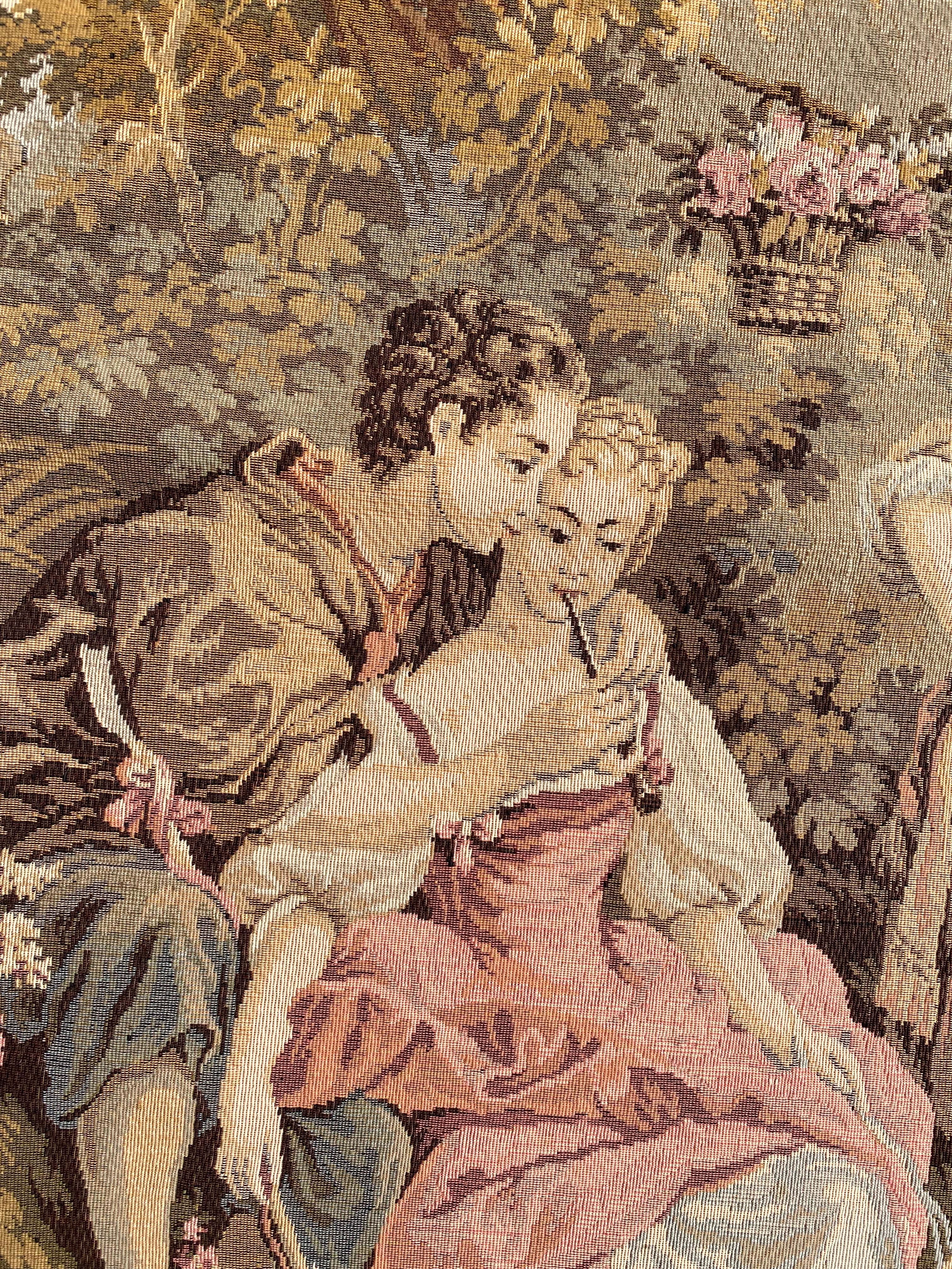 Bobyrug’s Vintage French Aubusson Style Jaquar Tapestry « pastoral loves » For Sale 1