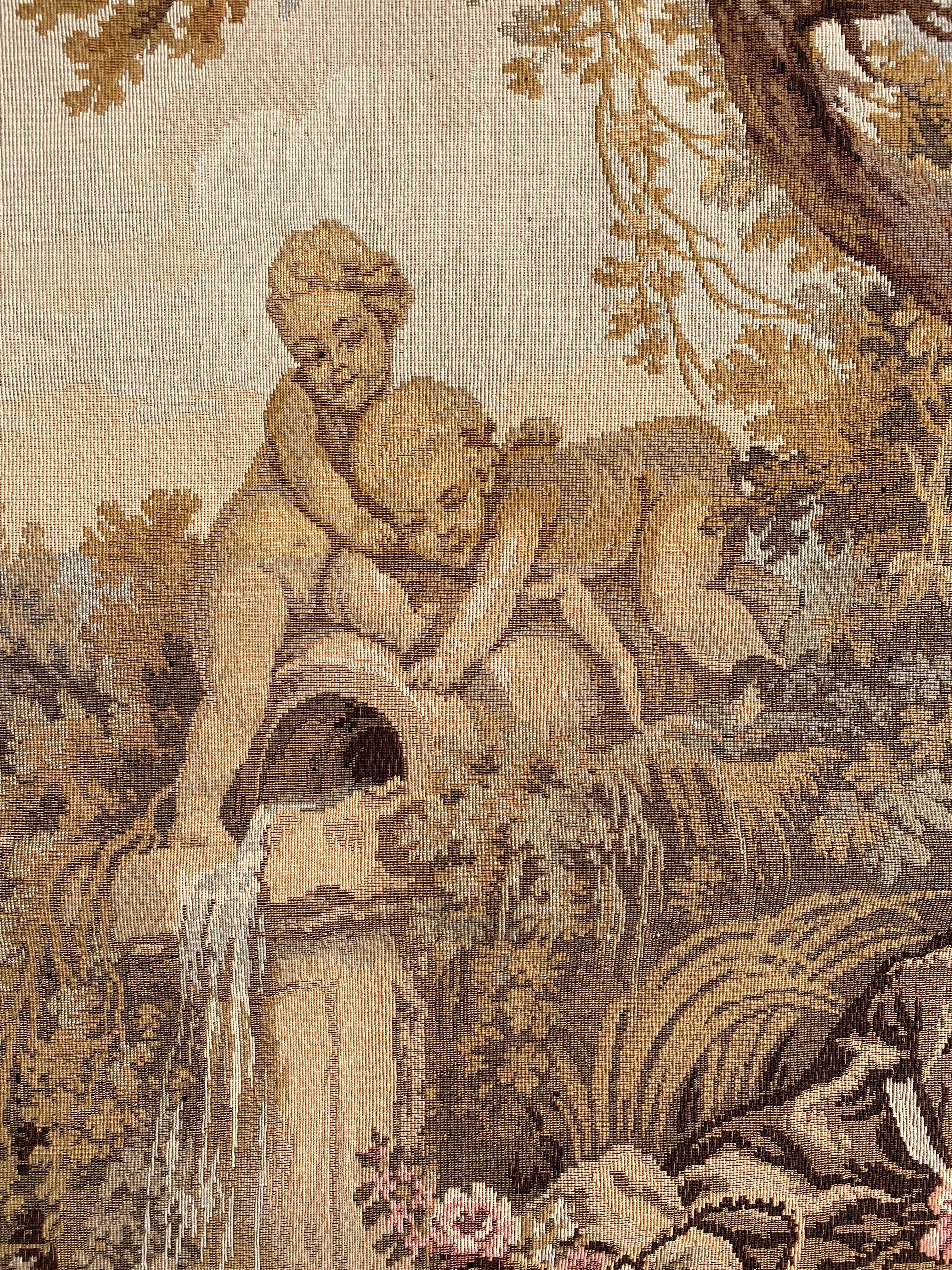 Bobyrug’s Vintage French Aubusson Style Jaquar Tapestry « pastoral loves » For Sale 3
