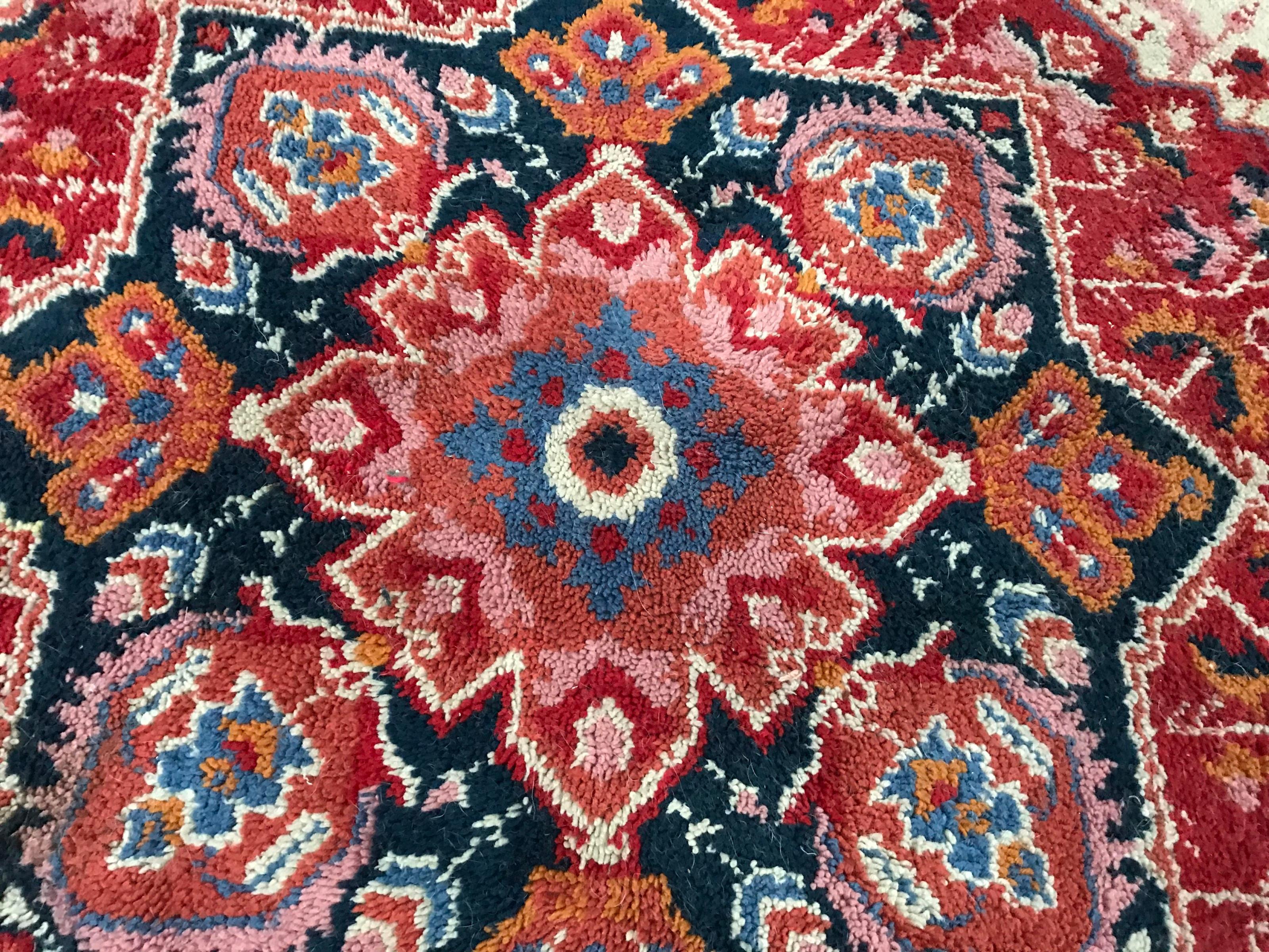Hand-Knotted Beautiful Vintage French Cogolin Rug Heriz Design