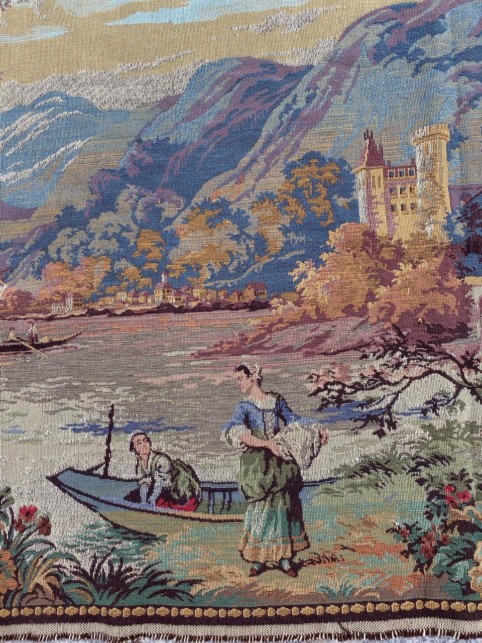 Nice French tapestry with beautiful rural design and beautiful colors, in the style of Aubusson tapestries, entirely woven with mechanical Jaquar manufacturing with wool and cotton.