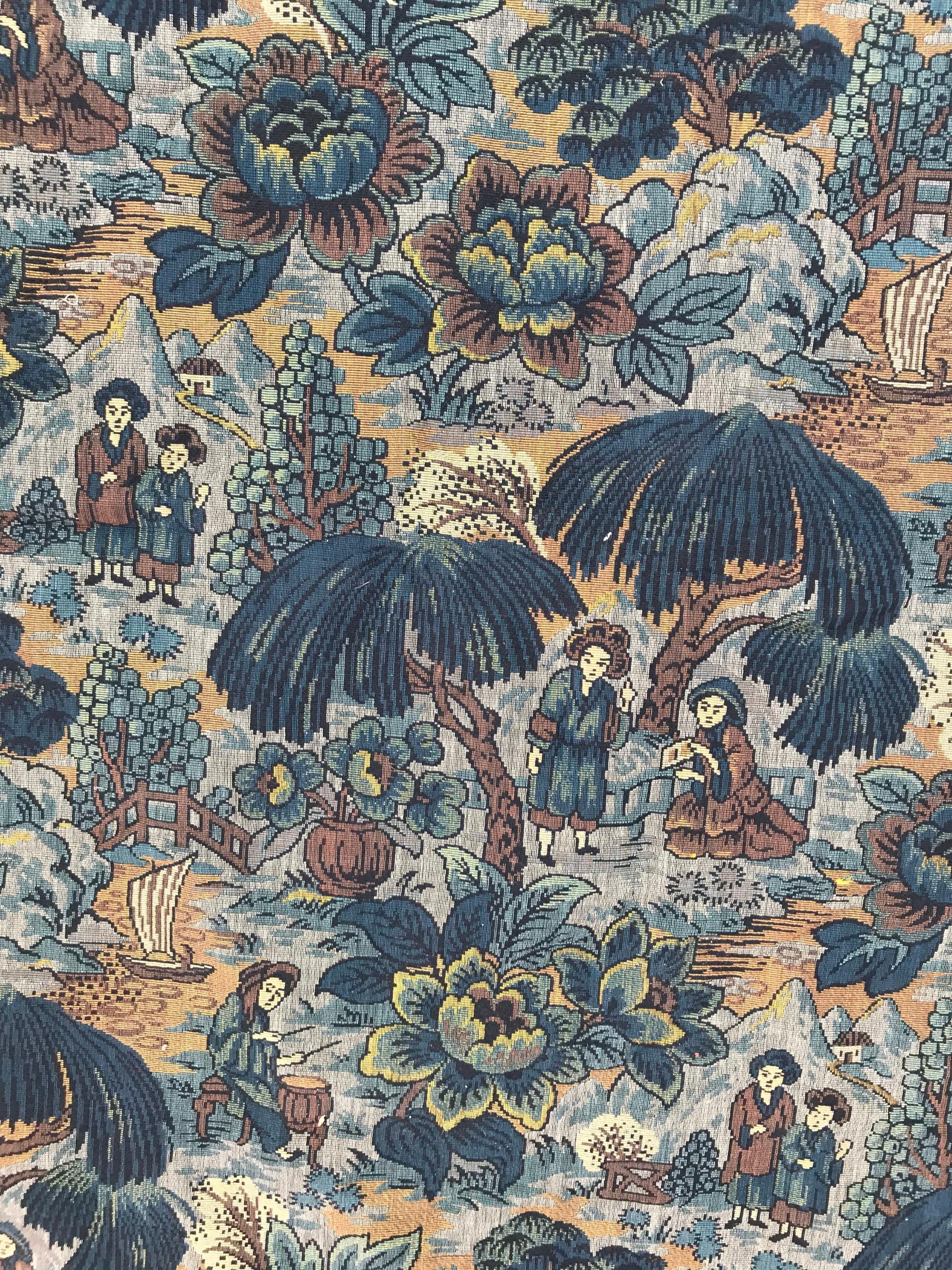 Chinoiserie Beautiful Vintage French Jaquar Woven Chinese Design For Sale