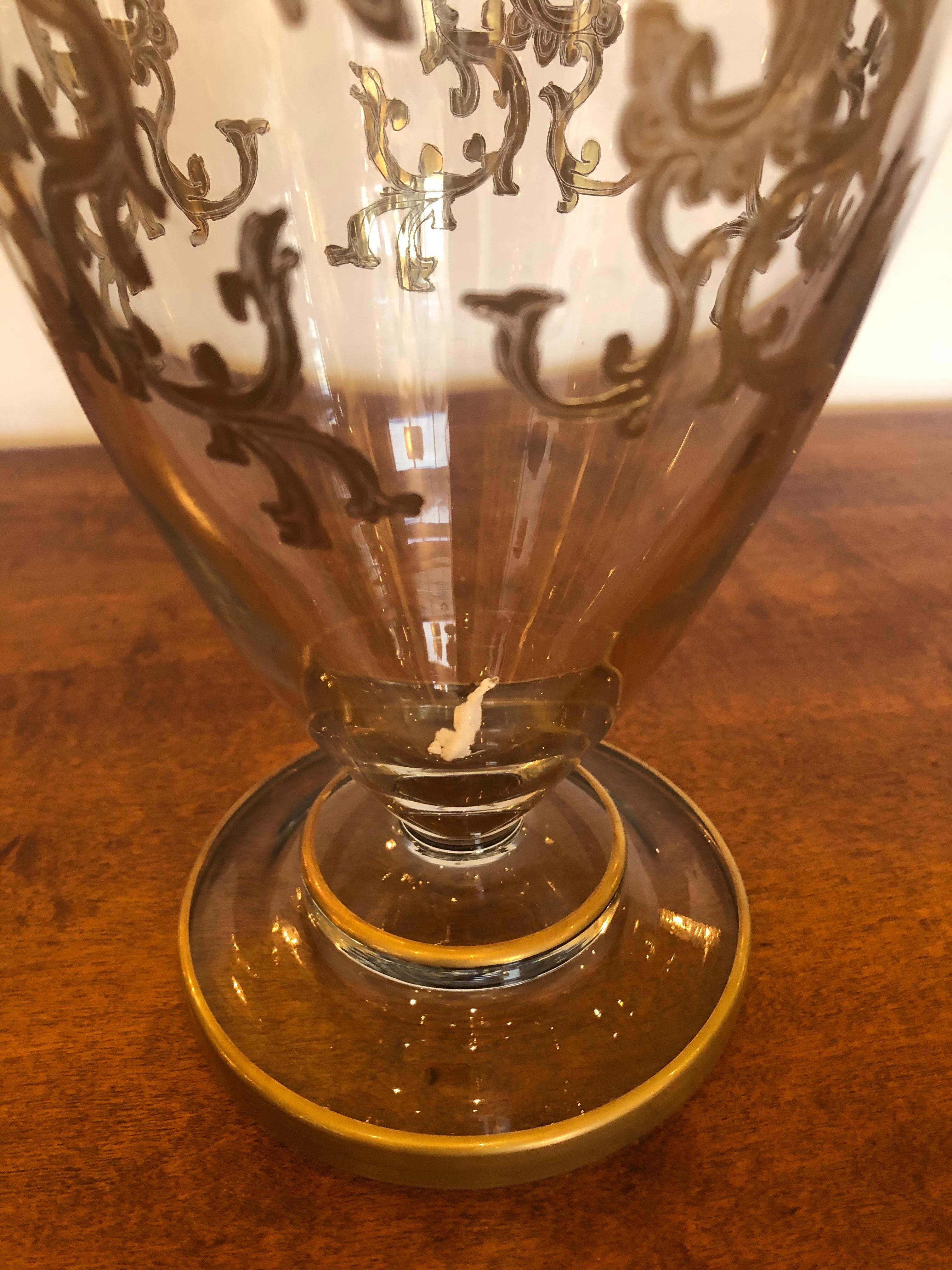 French Beautiful Vintage Gold Leaf Decorated Glass Vase For Sale