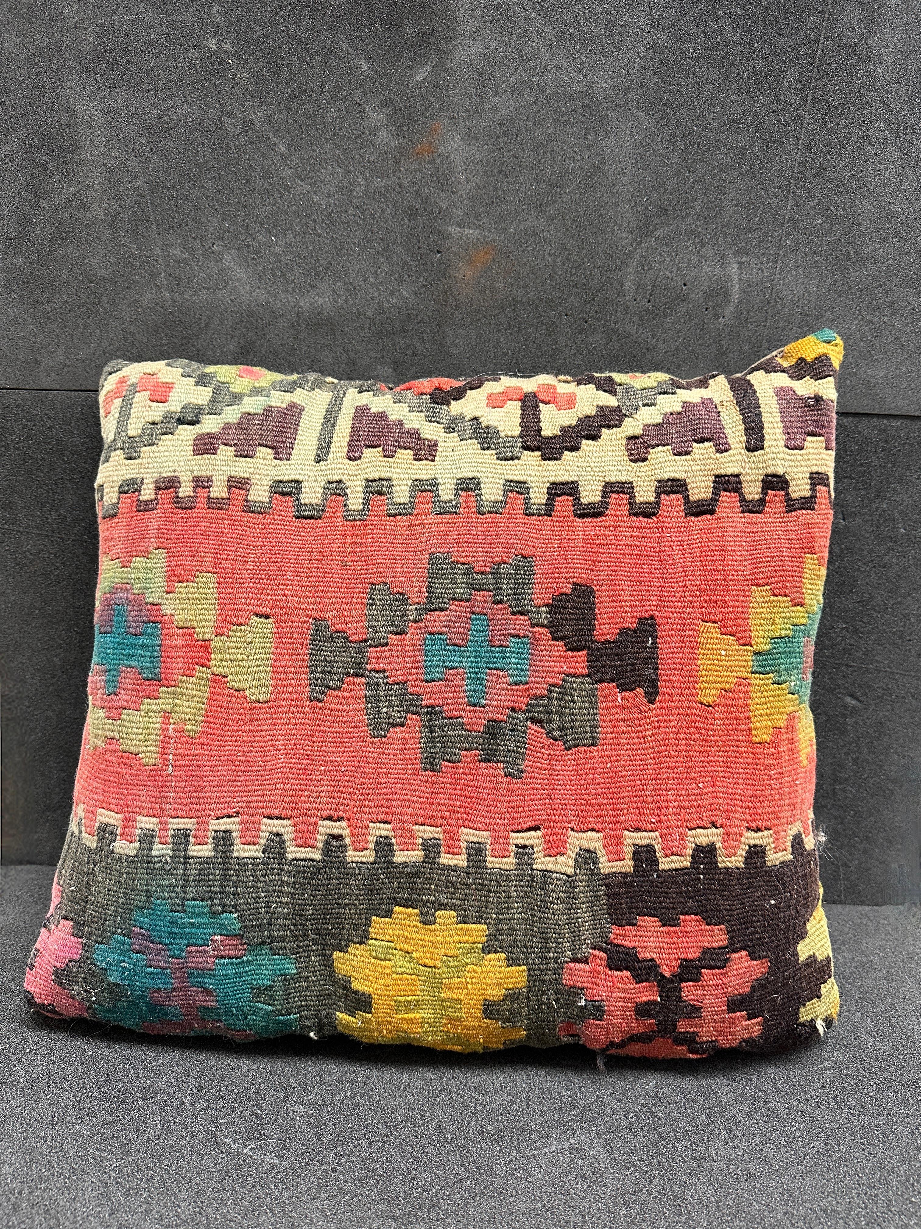 Gorgeous oriental pillow, cushion or seat pillow. Original vintage cushions made from Oriental rugs. Estimated to date from the 1950s-1960s, the cushions themselves are vintage made (not recently made from vintage rugs) as can be seen by the