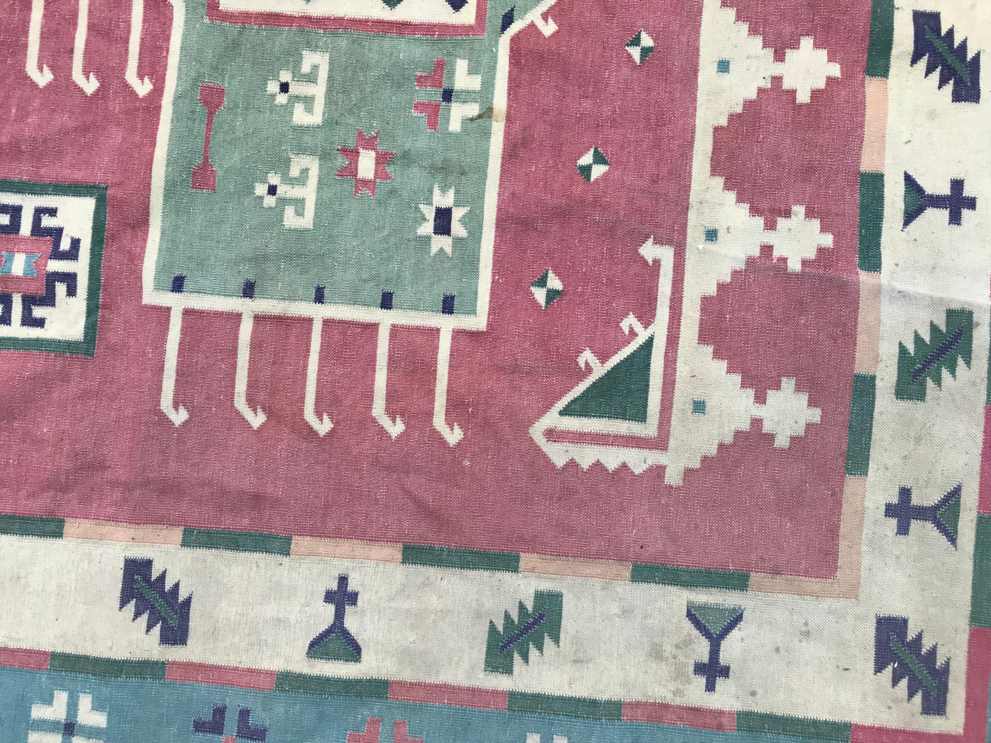Kilim Bobyrug’s Beautiful Vintage Indian Durhi Cotton Flat Rug For Sale