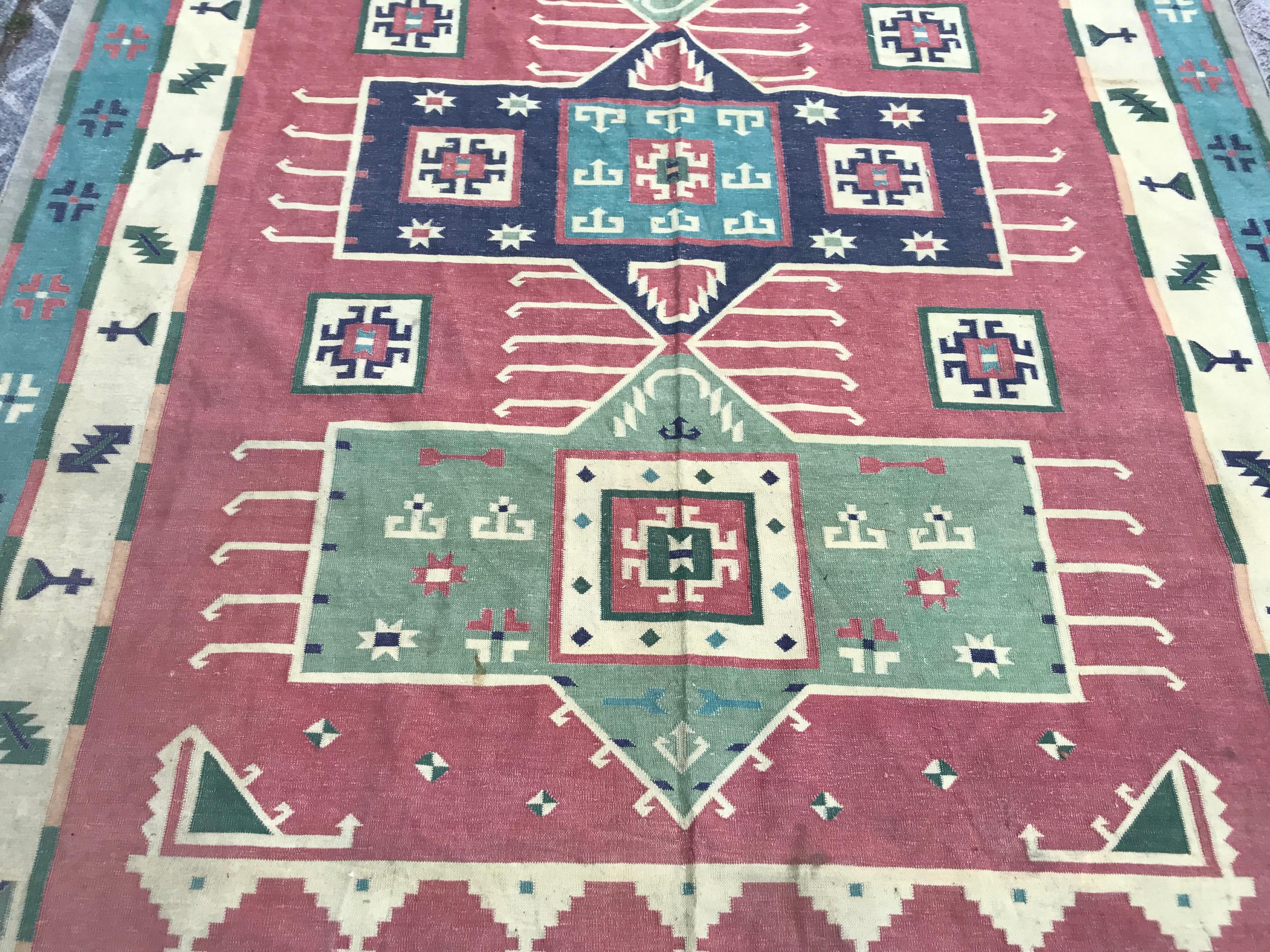 Beautiful Vintage Indian Durhi Cotton Flat Rug In Good Condition In Saint Ouen, FR