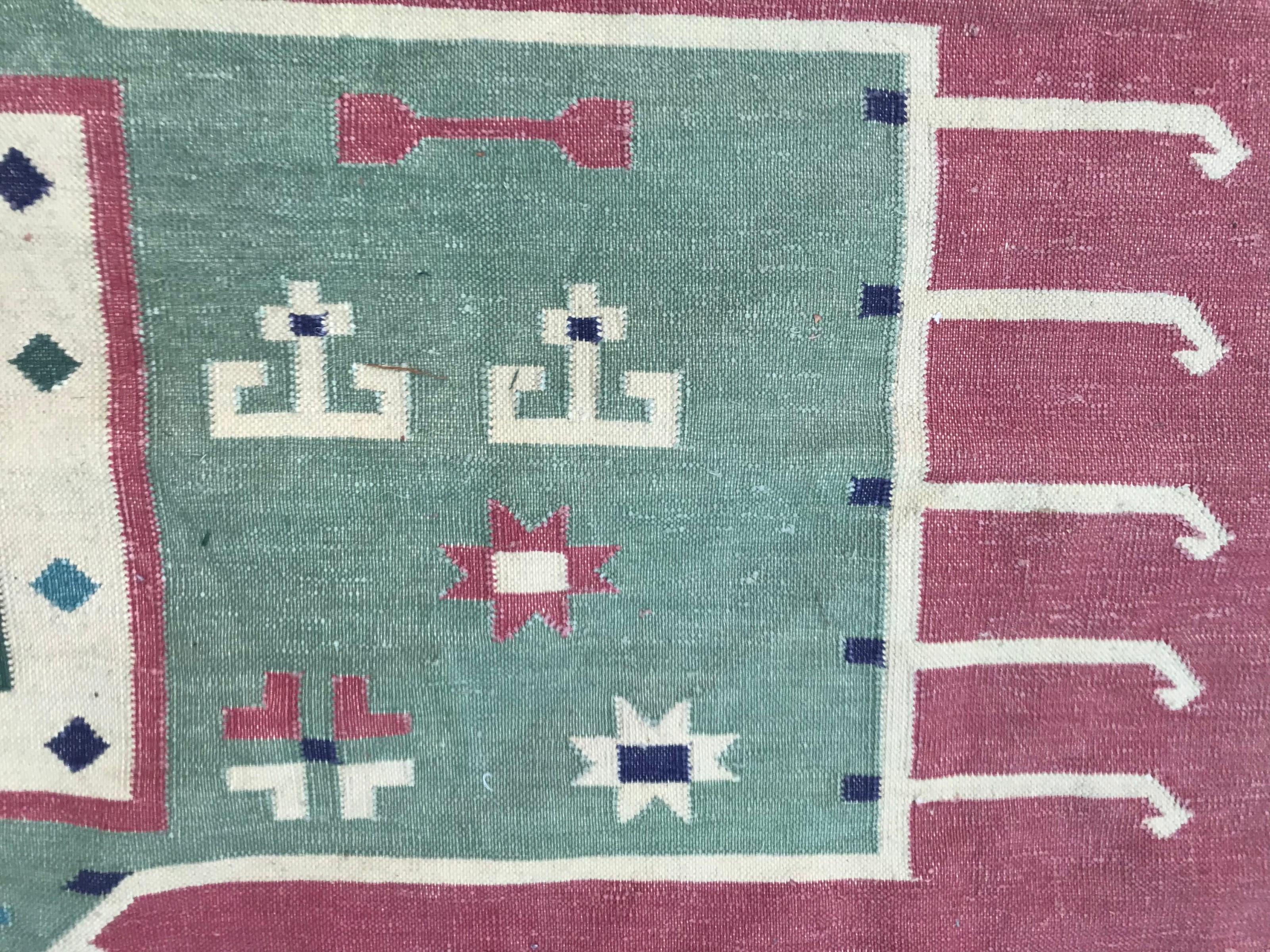 Bobyrug’s Beautiful Vintage Indian Durhi Cotton Flat Rug In Good Condition For Sale In Saint Ouen, FR