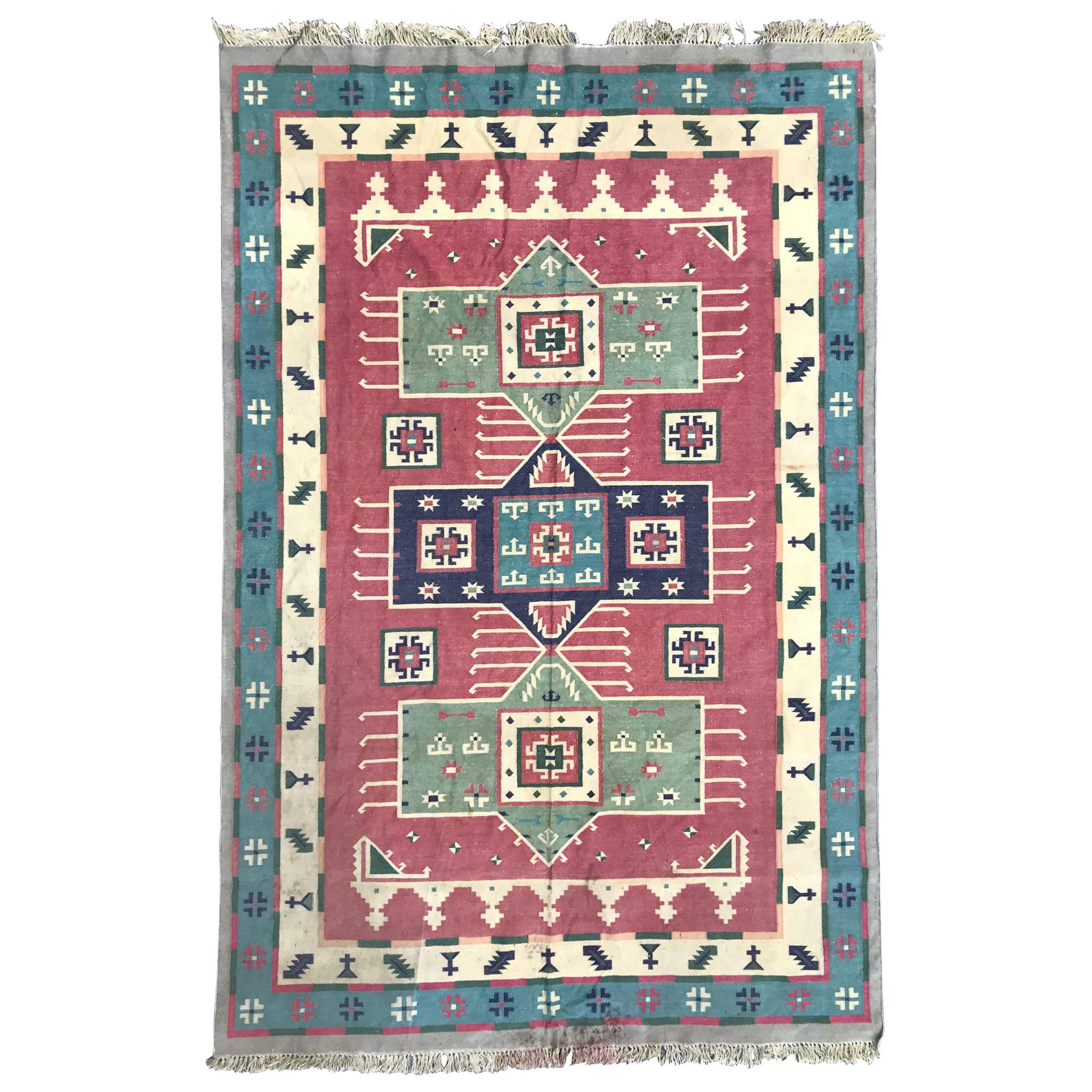 Bobyrug’s Beautiful Vintage Indian Durhi Cotton Flat Rug For Sale