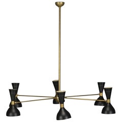 Beautiful Vintage Italian 6 Arm Chandelier in Brass with Pressed Alu, Shades