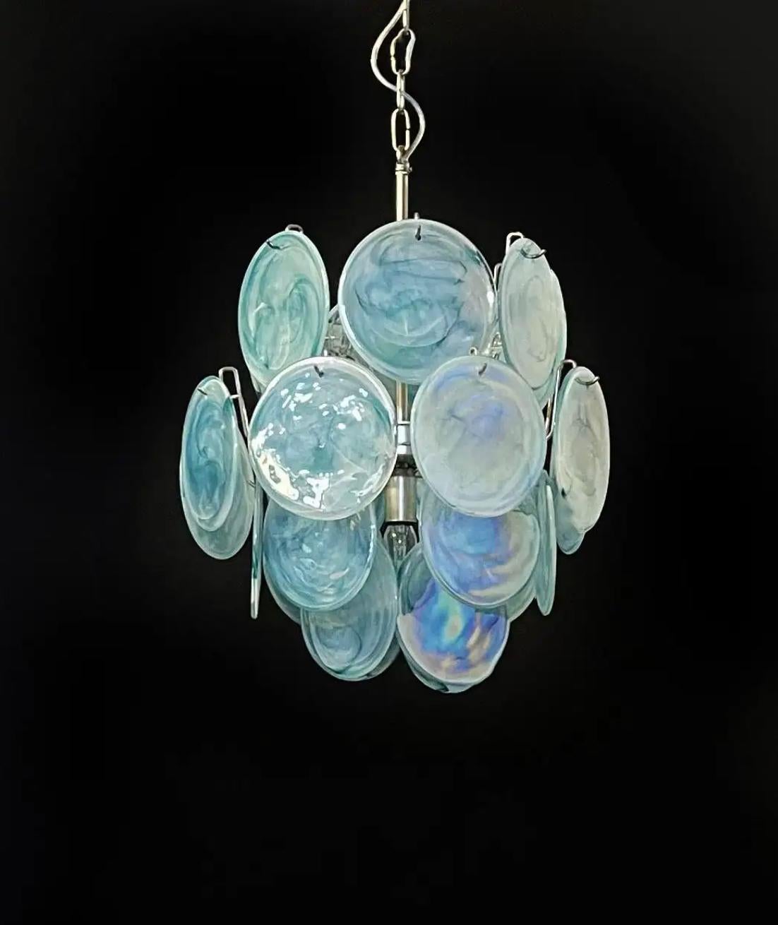 Art Glass Beautiful Vintage Italian Murano Chandelier, 24 Blue Disks For Sale