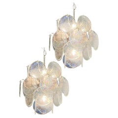 Beautiful Vintage Italian Murano Chandeliers, 24 Iridescent Grit Disks