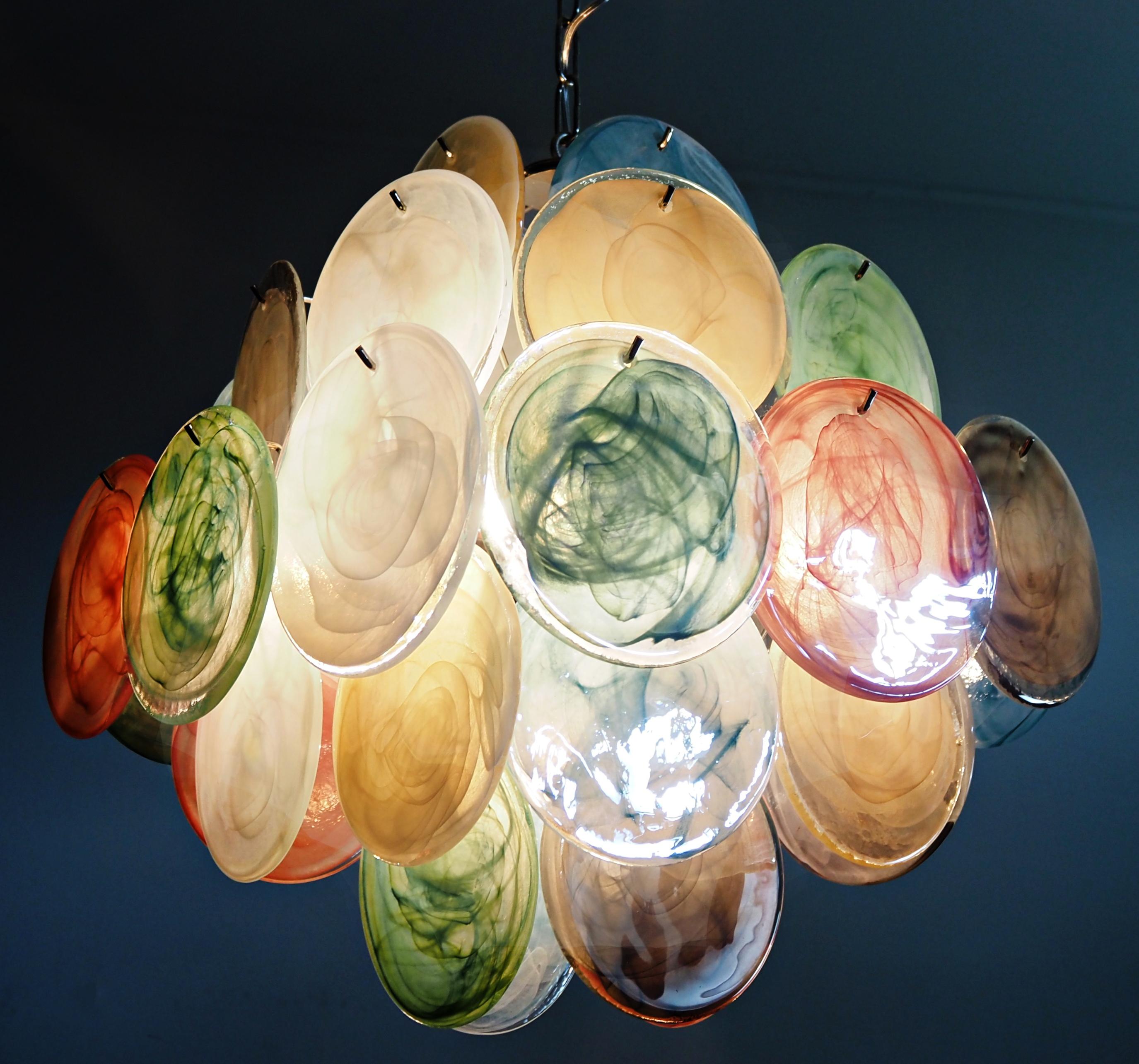 Beautiful Vintage Italian Murano chandeliers - 36 alabaster multicolored disks For Sale 7