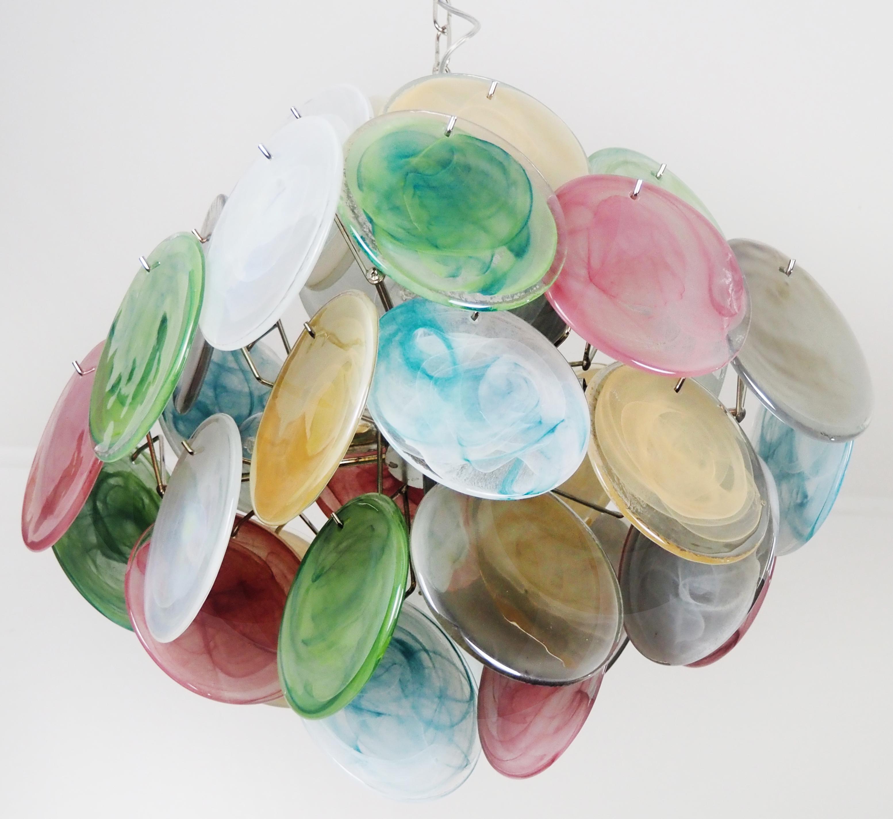 Beautiful Vintage Italian Murano chandeliers - 36 alabaster multicolored disks For Sale 2