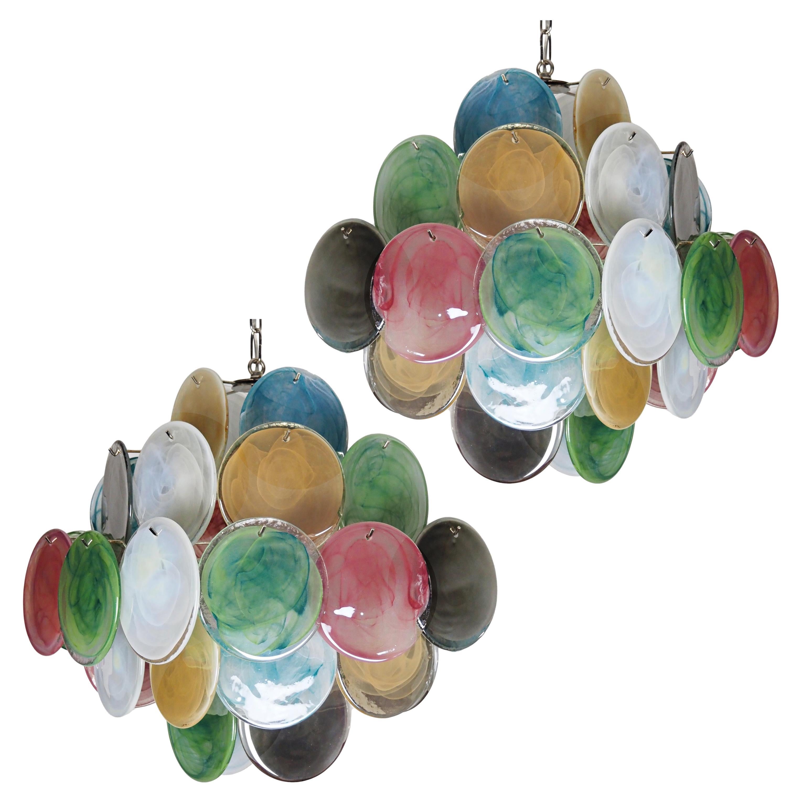 Beautiful Vintage Italian Murano chandeliers - 36 alabaster multicolored disks For Sale