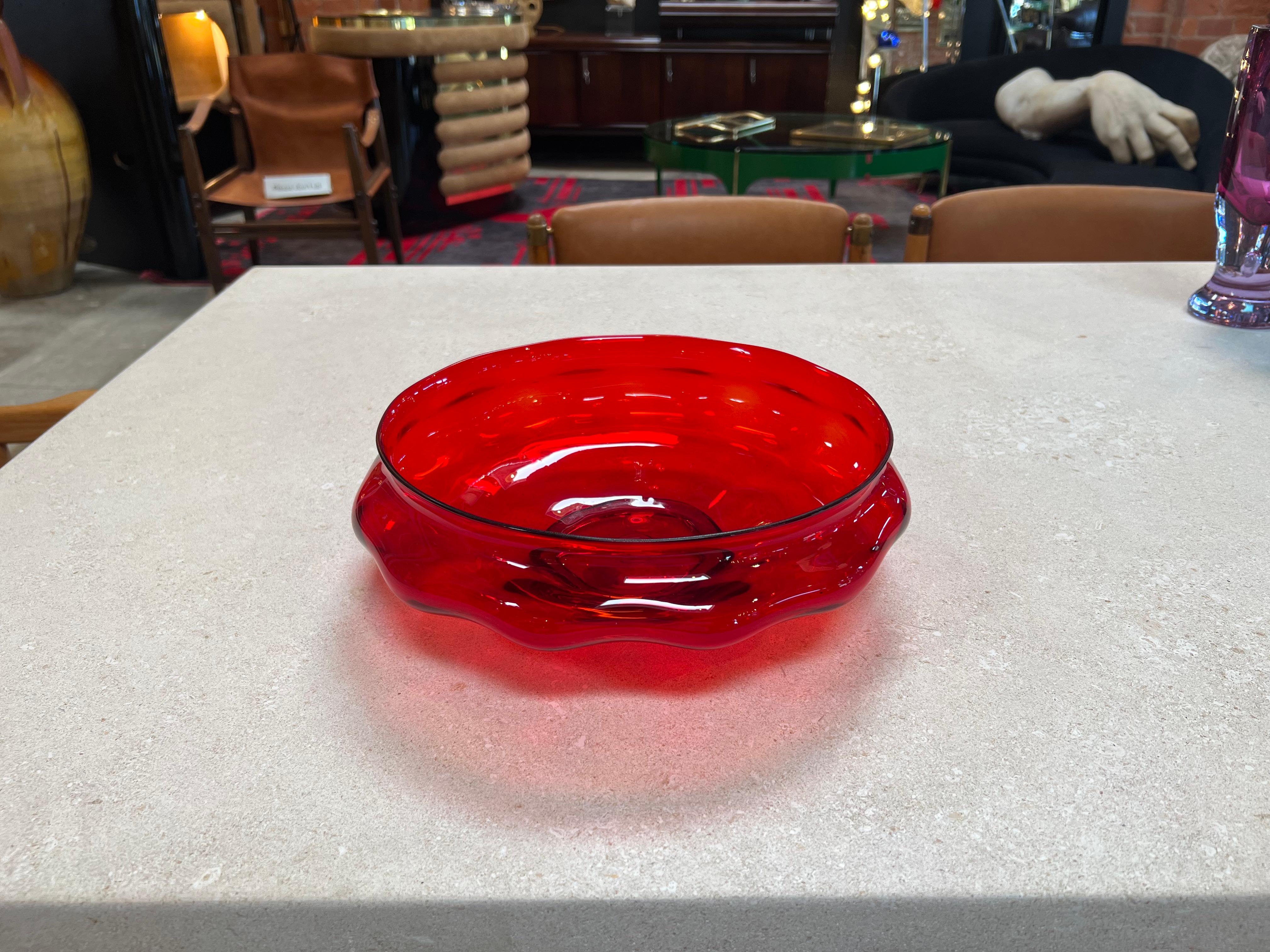 Glass Beautiful Vintage Italian Round Decorative Red Bowl 1980 For Sale