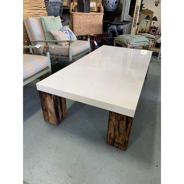 Beautiful Vintage White Lacquer Natural Wood Coffee Table at 1stDibs