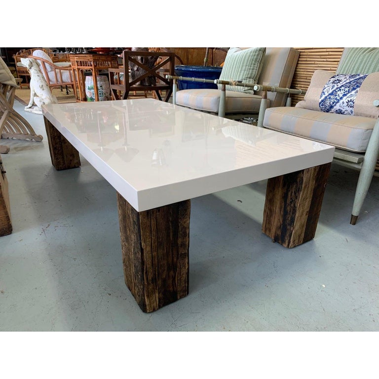 Beautiful Vintage White Lacquer Natural Wood Coffee Table at 1stDibs