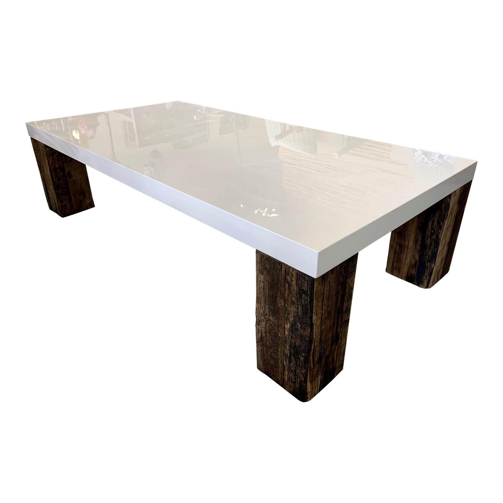 Beautiful Vintage White Lacquer Natural Wood Coffee Table