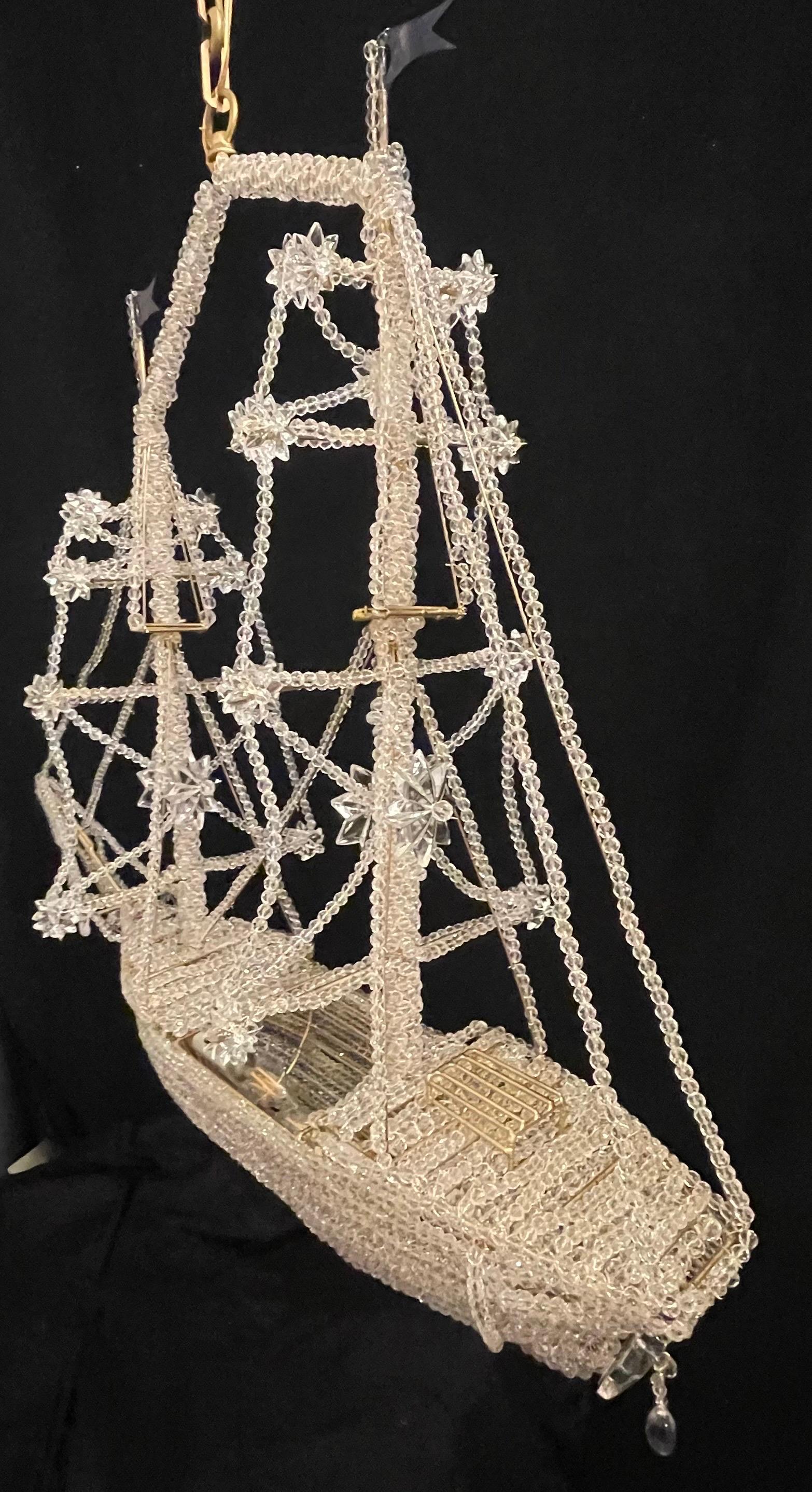 Beautiful Vintage Large Italian Crystal Beaded Gilt Boat Chandelier Ship Fixture For Sale 4