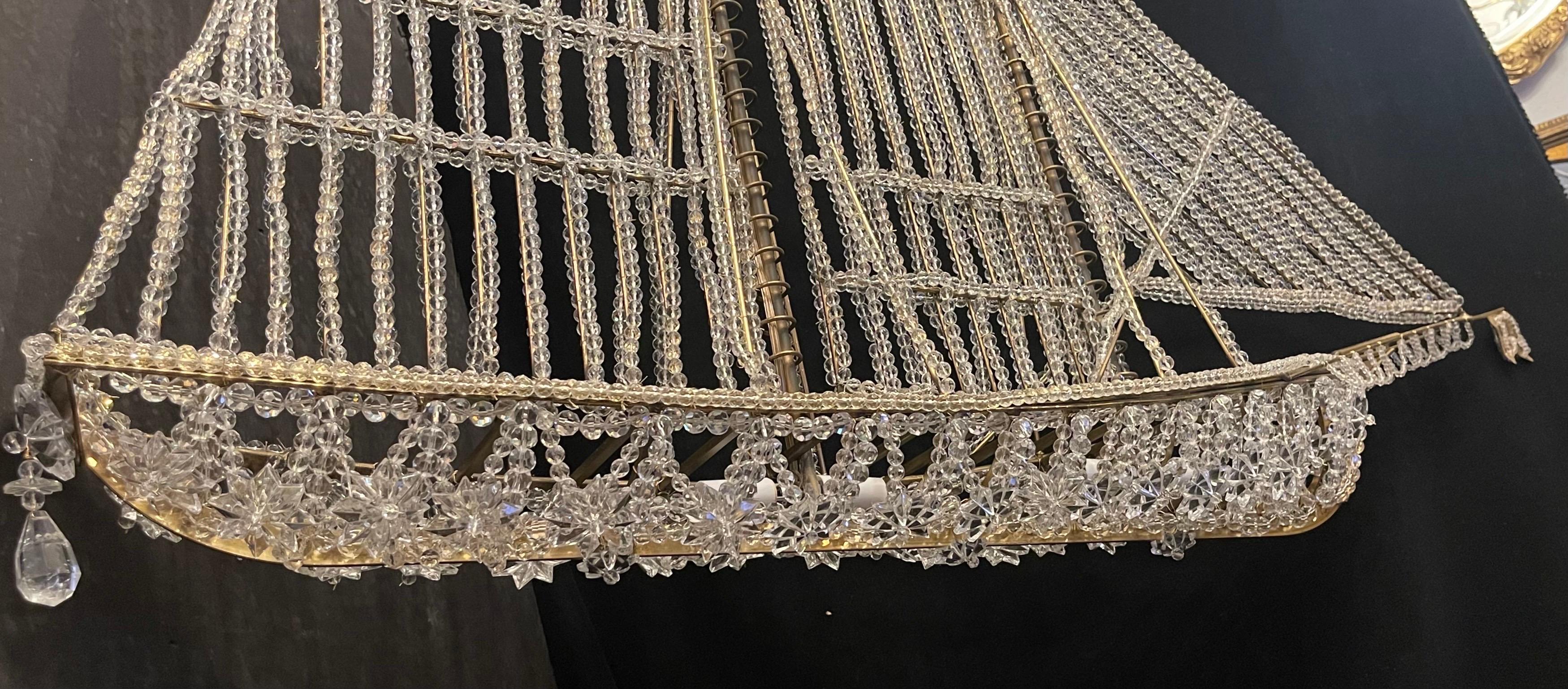 Beautiful Vintage Large Italian Crystal Beaded Gilt Boat Chandelier Ship Fixture 4