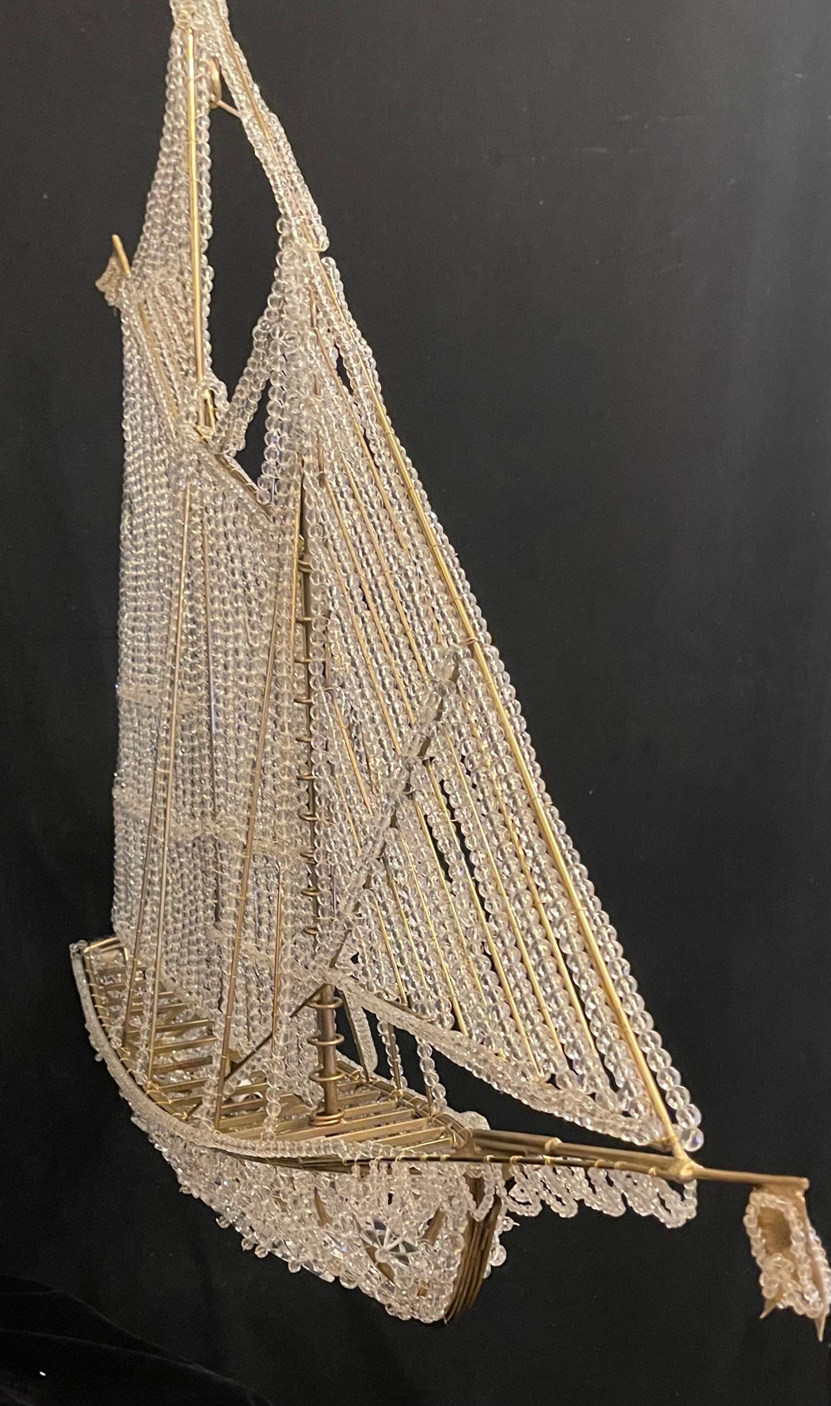 Beautiful Vintage Large Italian Crystal Beaded Gilt Boat Chandelier Ship Fixture 5